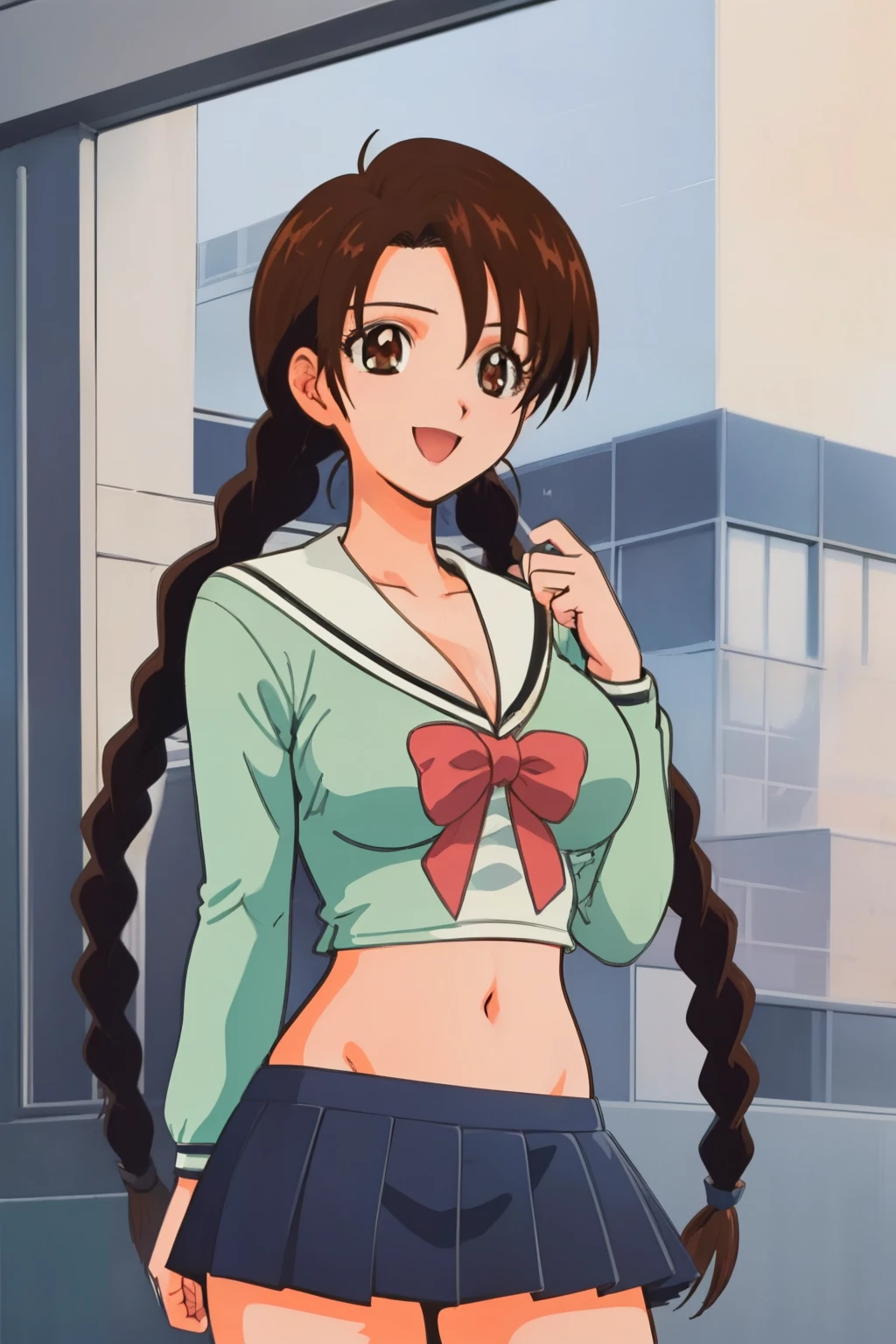 1990s\( style\)、1990sアニメセル画 style、best quality、High Resolution、( big eyes:1.2)、1 girl、is embarrassing、smile、( Big Breasts:1.2)、、masterpiece、 best quality、( 1 girl:1.4)、masterpiece、best quality、High Resolution、smile, Cheerful, Sakuno-1 , masterpiece, best quality, school uniform, super mini skirt,Belly button,1 girl, outside, window, day, day光, backlight, medium hair,two braids, Front , viewers, smile,slender,busty