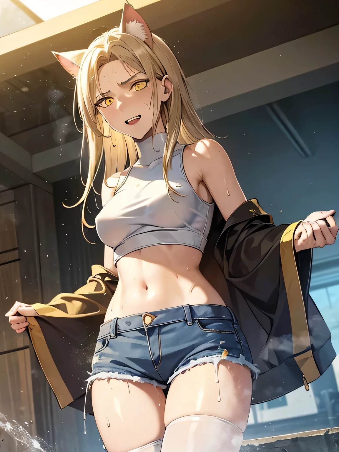 masterpiece,best quality,1girl,(mature female),,blonde hair,yellow eyes,hair ornament,center opening,navel,midriff,denim shorts,((sweat,sweatdrop,steaming wet
body)),looking at viewer,sunlight,(dutch angle),scared expression
Cat ears. 18 years old girl, tiny, wet, pantyhose, covered nipple's , slit pupils, clinch teeth , thigh gap
. Reductive smile
