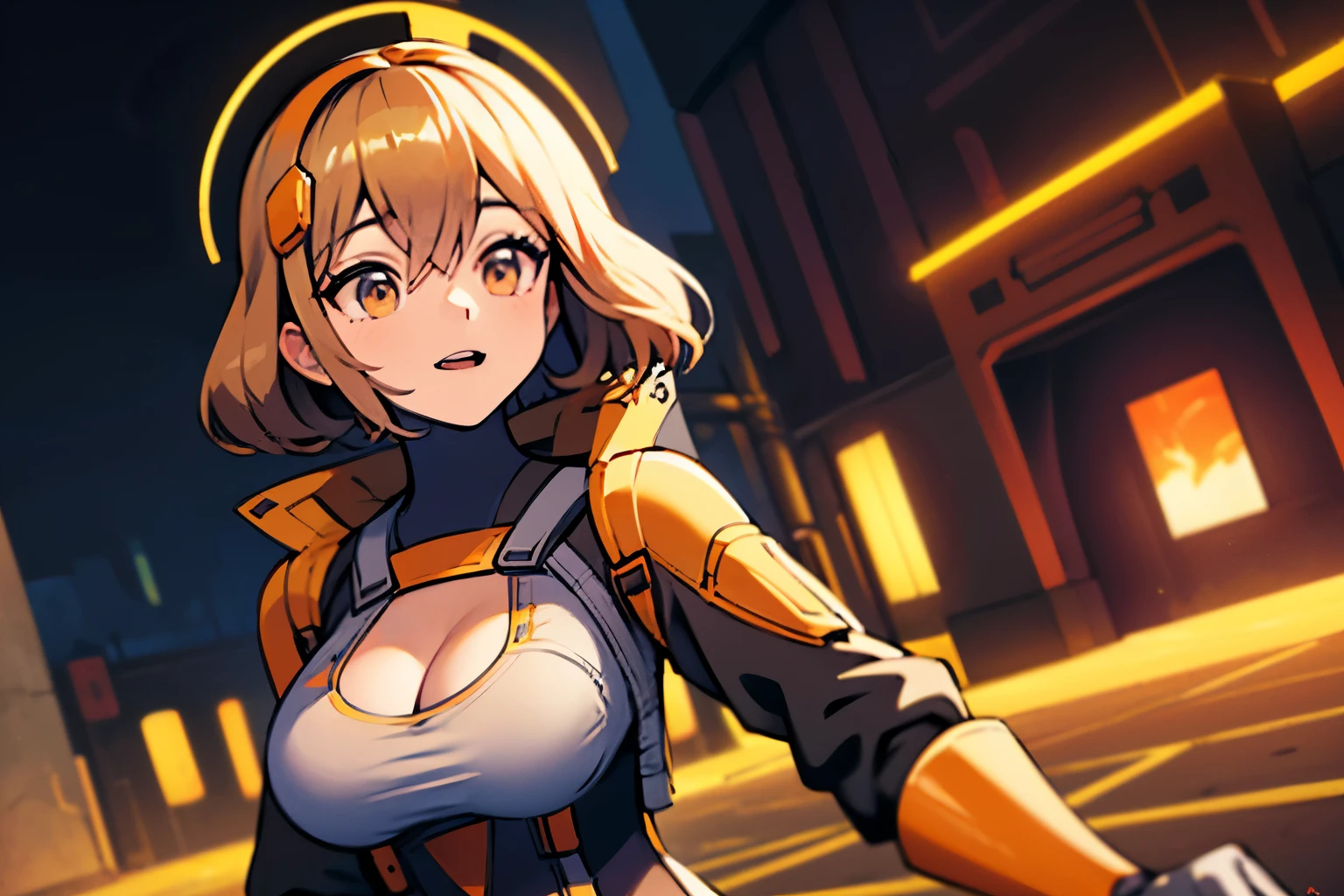 (Masterpiece, best quality, ultra-detailed, high resolution, intricate details, anime cyberpunk aesthetics, sci-fi lighting, dynamic pose, action-packed scene, happy)
A dynamic and futuristic female character resembling Anis from Goddess of Victory: NIKKE, redesigned in the MegaMan Battle Network style. She wears a high-tech, form-fitting bodysuit inspired by NetNavis, featuring sleek armored plating with her signature orange, black, and white color scheme. Her helmet resembles MegaMan.EXE’s, with a built-in holographic visor displaying digital data streams. Her long orange hair flows freely behind her, complementing her playful yet determined expression.
Her arm-mounted blaster, integrated into her cybernetic gauntlet, glows with an orange energy core, charging up for a powerful attack. The bodysuit features black and white armored sections, with glowing orange circuitry lines running across her arms, chest, and legs, adding a futuristic cyber aesthetic.
She stands heroically in a digital cyberspace battlefield, surrounded by neon circuits, pixelated holograms, and flowing data streams. The ground beneath her is a floating grid platform with a hexagonal pattern, flickering with orange and white light. The background is a vast cyber world, filled with floating digital structures, sci-fi skyscrapers, and luminous orange and blue data particles moving through the air.
The art style is a blend of anime cyberpunk aesthetics and MegaMan Battle Network visuals, emphasizing sharp futuristic armor design, glowing accents, and a vibrant color palette.
