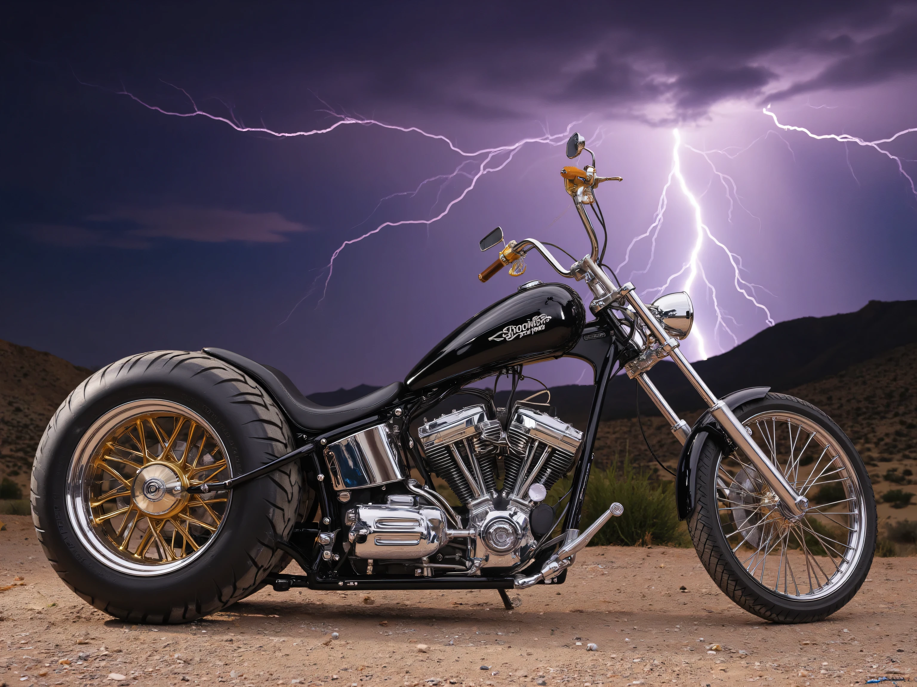 Create a photorealistic image of a custom lowrider, chopper,  motorcycle. The bike has a monstrous rear tire mounted on Custom brass rims. The motorcycle is a brilliantly black and chrome showcase design. The design is extreme, spectacular and powerful. The backdrop is a mountainous desert. The sky is explosive with lightning bolts and strikes amid a vivid and colorful sky. 