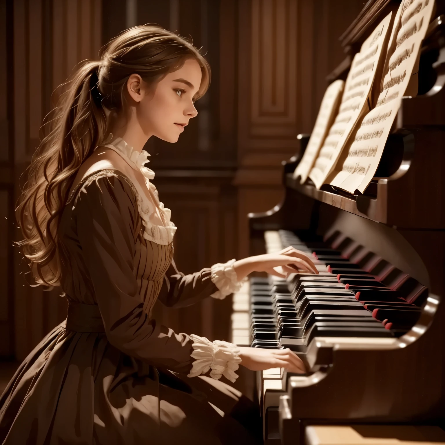 A girl play to piano the songs from the song by Franz Schubert, Page. 560: n. 7... concert 1828s