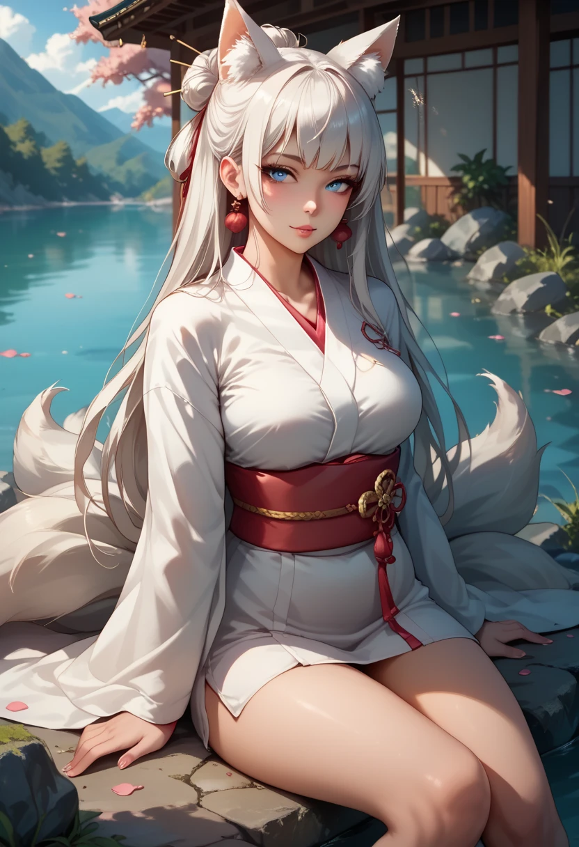 The character Inuyasha from the anime Inuyasha.
He was female, with ample breasts and hips, with bright yellow eyes, very long white hair, lush fluffy fox tail behind his back.
She sat on the shore of the lake under the moon.
Canonical red kimono with long sleeves and white patterns on them.
Red eye makeup and burgundy lips. There were sharp teeth and claws.
No human ears.