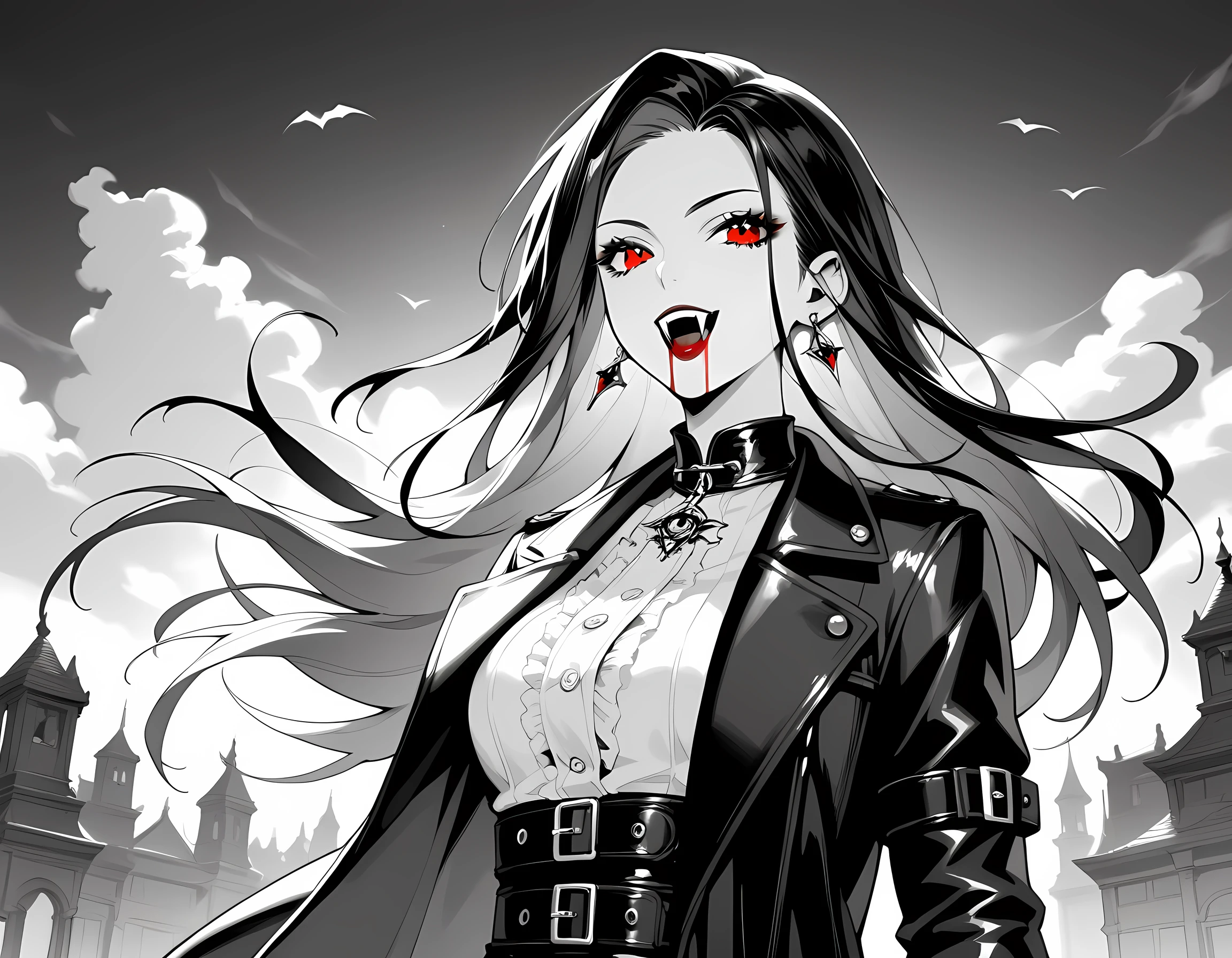 score_9, score_8_up, score_7_up,goth black and white anime art, (black and white art: 1.5) mostly black and white, a picture of a beautiful female vampire, best detailed face, black hair, long hair hair, red eyes, wearing trench coat, wearing a skirt, wearing white leather shirt, it is cloudy night (only colors are the blood and the eyes), vampyfangs1, fantasy, Cinematic Shot