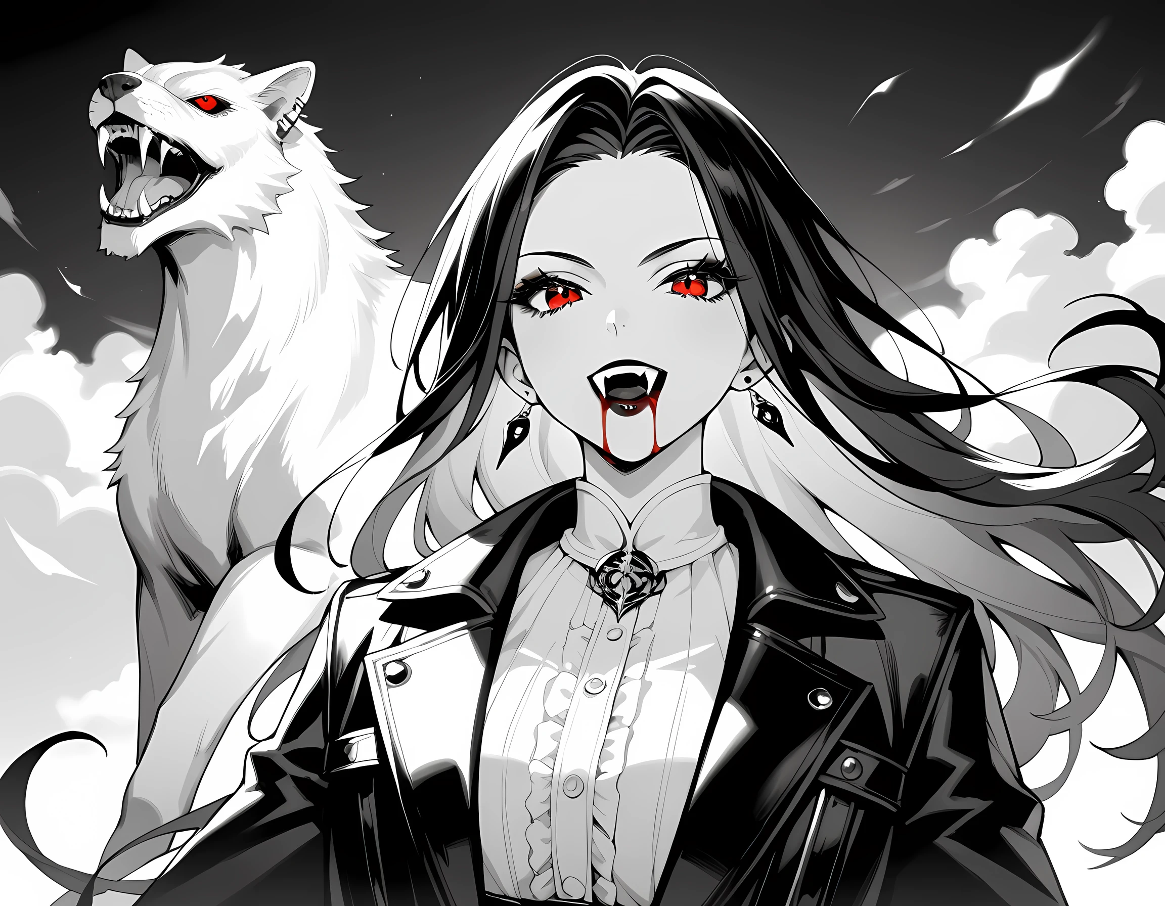 score_9, score_8_up, score_7_up,goth black and white anime art, (black and white art: 1.5) mostly black and white, a picture of a beautiful female vampire, best detailed face, black hair, long hair hair, red eyes, wearing trench coat, wearing a skirt, wearing white leather shirt, it is cloudy night (only colors are the blood and the eyes), vampyfangs1, fantasy, Cinematic Shot