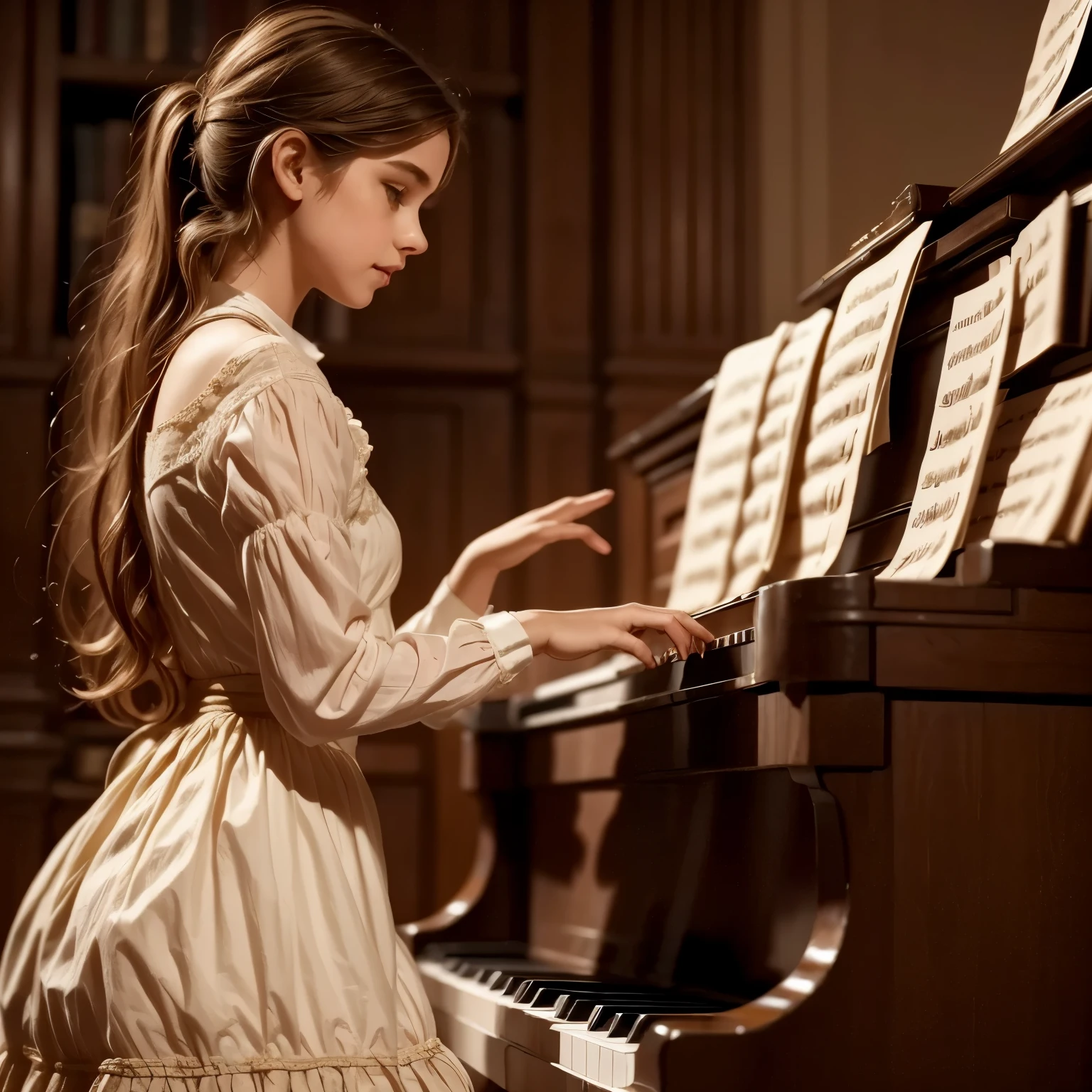 A girl play to piano the songs from the song by Franz Schubert, Page. 560: n. 7... concert 1828s