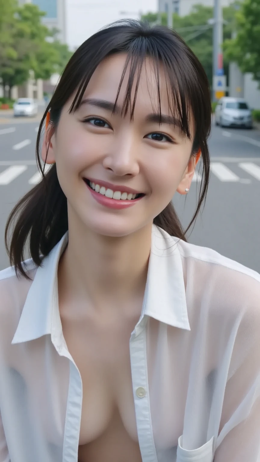 masuterpiece, Best Quality, Illustration, Ultra-detailed, finely detail, hight resolution, 8K photographic, Perfect dynamic composition, from front, full body, 1 japanese girl, detailed eyes, smile, upper body, Omotesando Street Walk, nature, skirt, sleeveless Shirt,