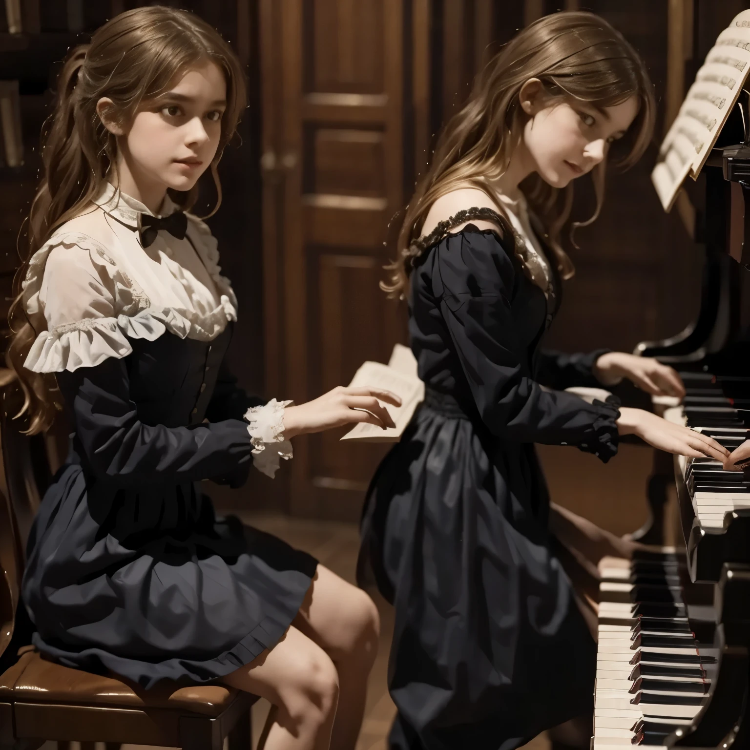 A girl play to piano the songs from the song by Franz Schubert, Page. 560: n. 7... concert 1828s