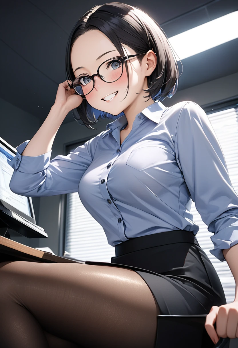 masterpiece, best quality, high definition images, atmospheric perspective, expressive eyes, perfect face, ultra detailed, solo,  1mature seductive woman while ??????????, sitting on desk, alluring pose, sexy, black short bob hair, simple glasses, calm smile, shy, female teacher, business suit, jacket, blouse, pencil skirt, tight mini skirt, lifting skirt, spread legs, black panties, curvy, thighs, pantyhose, high heals,  in study room,