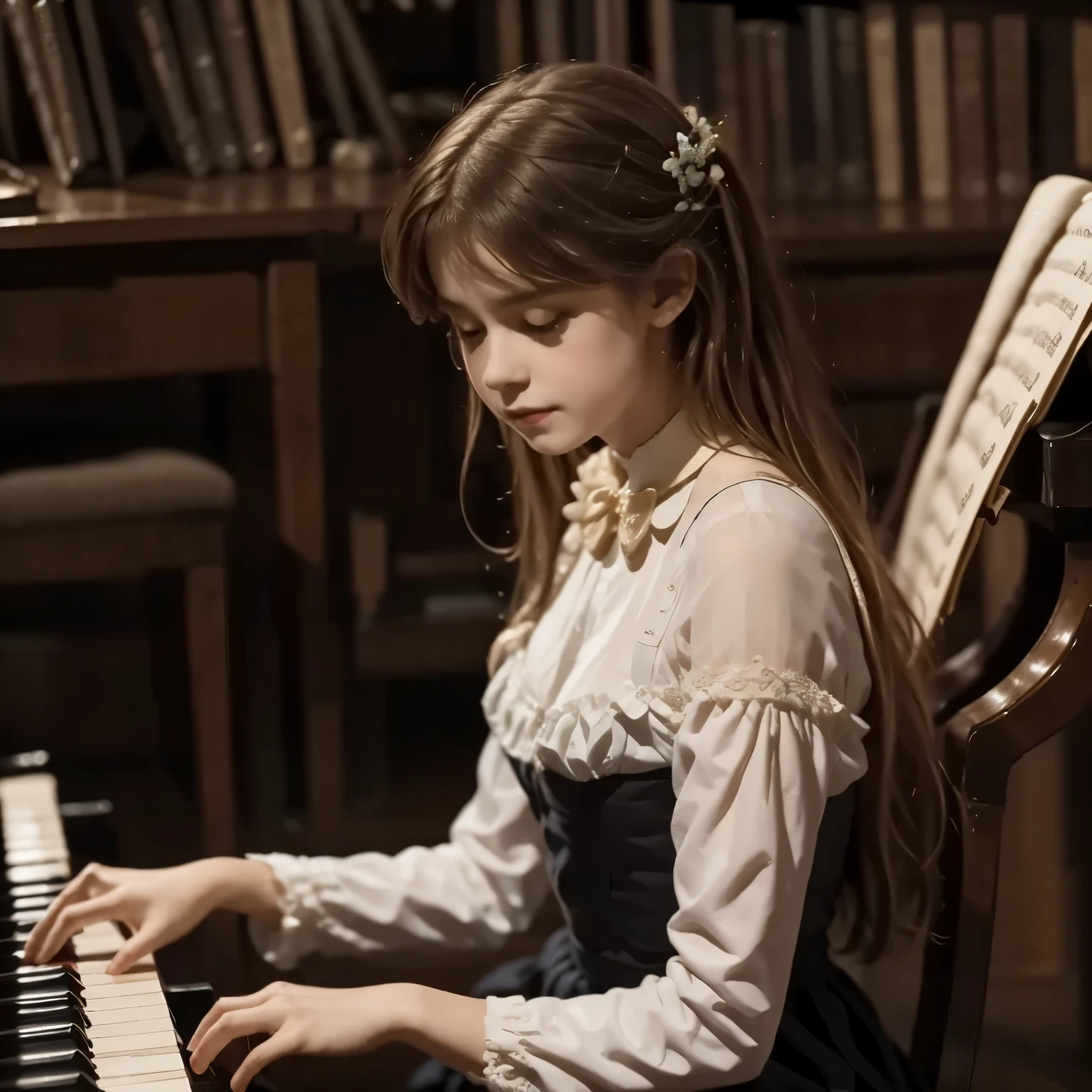A girl play to piano the songs from the song by Franz Schubert, Page. 560: n. 7... concert 1828s