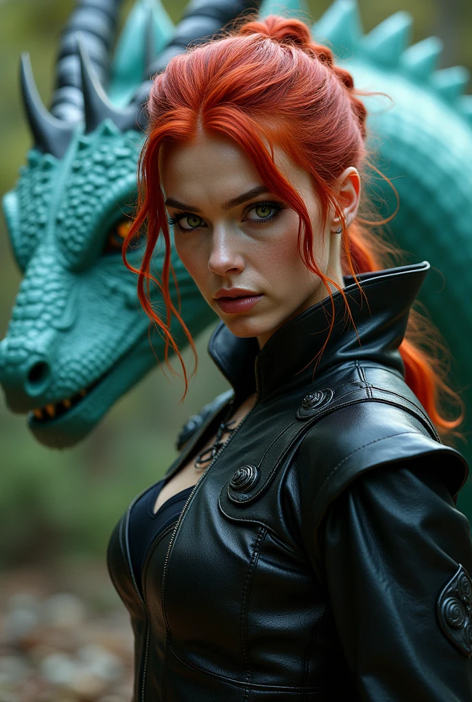Red-haired snake woman,with 90s coated,brown and black color,background with pine trees
