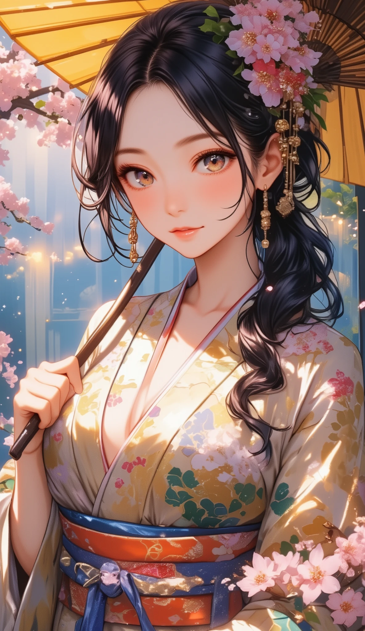 Woman holding a Japanese umbrella , Nishijin Textile Kimono , Japanese painting style, beautiful anime style portrait, Extra , detailed portraits of anime girls , Beautiful Anime Portrait , beautiful anime women , digital Animation illustration, Anime Style Portrait , Additional Art ,realistic, (Beautiful Anime Girl Showing Naked Skin, bib breasts, uplifted breasts, well-defined breasts, Busty、deep cleavage)、anime style digital art , Animation illustration, ponytail, Navy Blue Kimono , Background is Sakura Fubuki