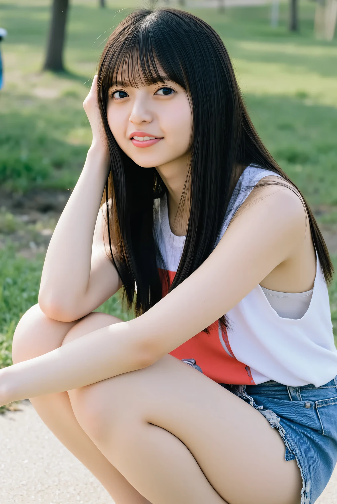 (Best-quality, Masterpiece, Ultra-High-Resolution, (Photorealistic:1.4), Raw Photo, depth of field, professional lighting, perfect anatomy, extremely details, perfect face, perfect hands, perfect fingersperfect body, perfect legs), front view, 1girl, 18-years-old, the most famous Japanese idol, squatting in high-school, (wearing high-school uniform with cute design, short sleeve shirt, white socks, lofers, pleated skirt, panties), (extremely cute face like the most popular Japanese idol, ((extremely cute and extremely big black-eyes)), extremely cute hair, extremely beautiful skins, extremely cute long-eyelashes, extremely cute lips), extremely beautiful inner-thighs, extremely beautiful inner-legs, looking at viewer, innocent smile