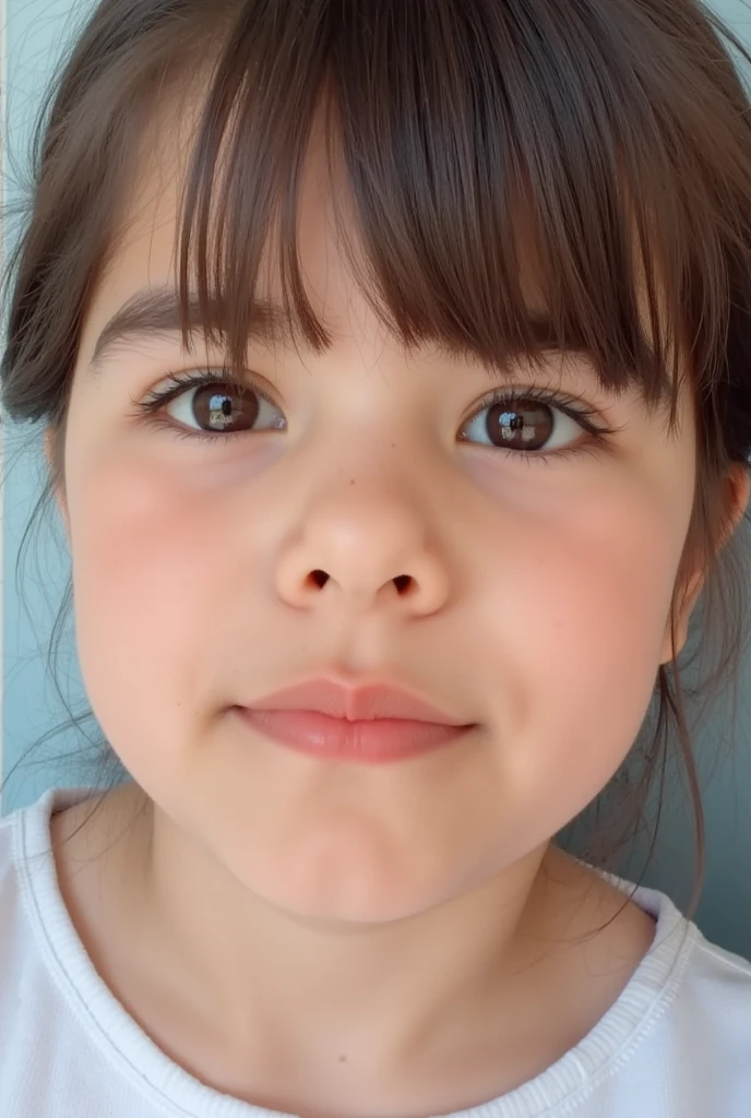 a baby with dark brown hair, blue eyes, a pacifier with a bunny decoration in the mouth. The girl must be lying on a bed, crying, with eyes full of tears and an expression that indicates that he is asking for help and looking for love and affection. Must wear a diaper and a t-shirt with a bunny motif.