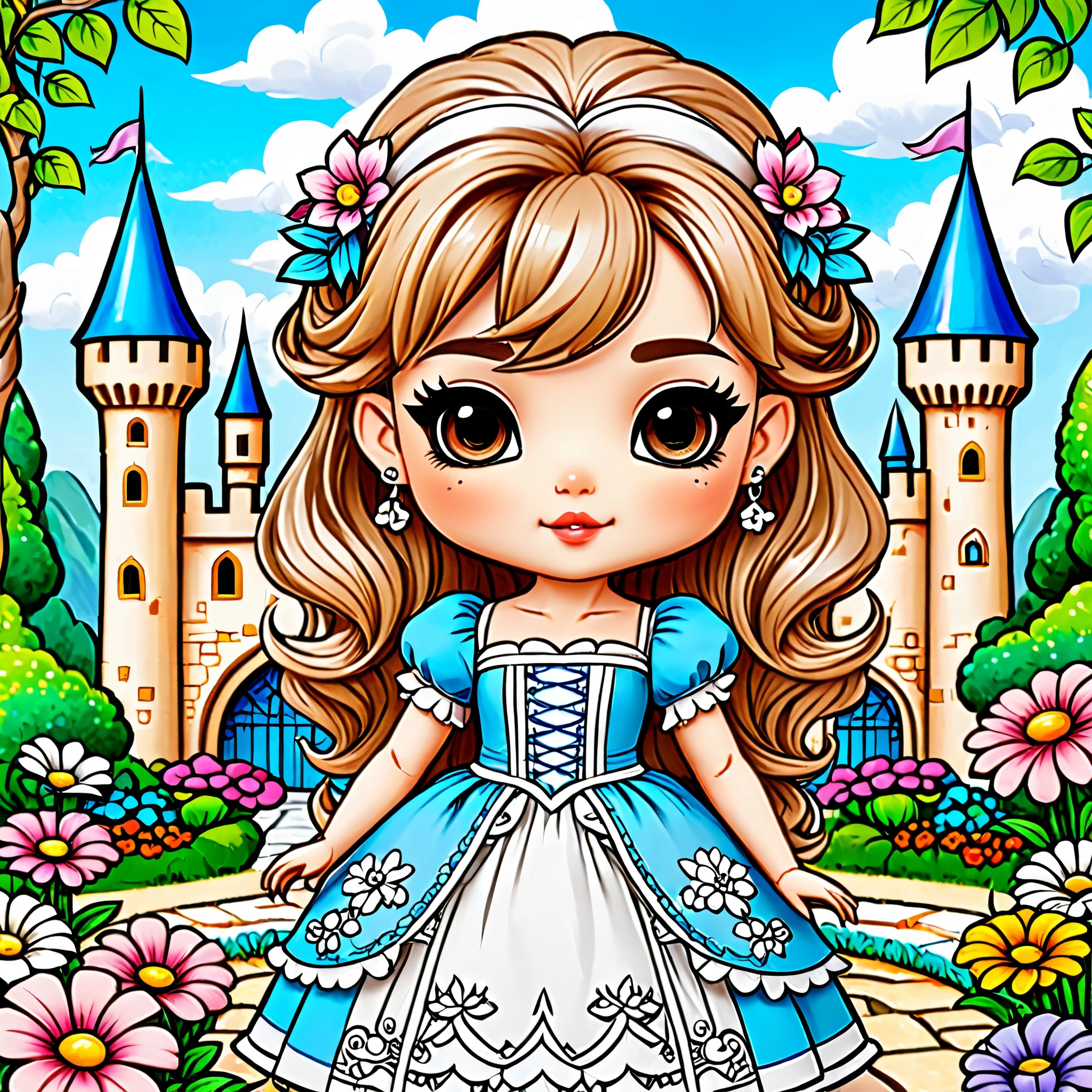 Create a Chibi doll, in the coloring book style, with medium strokes and well-defined lines. with decorated clothes and accessories. The background must be with flowers, gardens, Castles. The style must be charming 