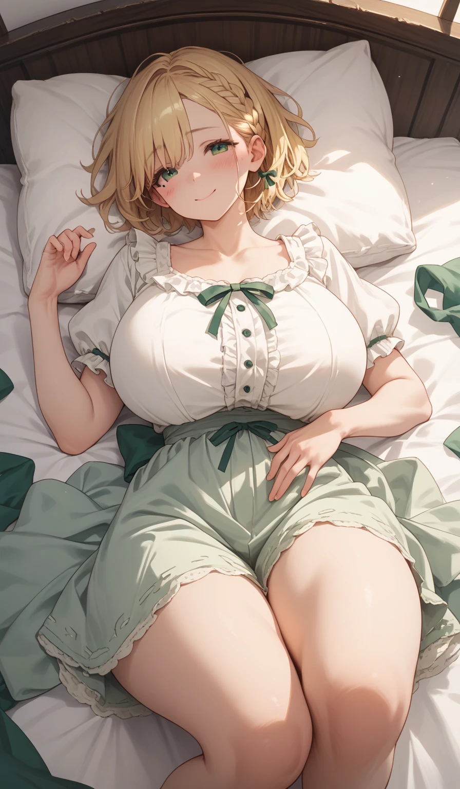 best quality, amazing quality, very aesthetic, 1girl, saber, fate/stay night, 1girl, saber, fate/stay night, , (artist official art:1.5), ahoge_hair, green eyes, steaming body, trembling, large breasts, J_Cup, jitome, cinematic light, camelot_dress, pregnant, from_the_front, sit, on bed, dark_room, happy, smile, blush, night, looking_at_viewer, oily_skin