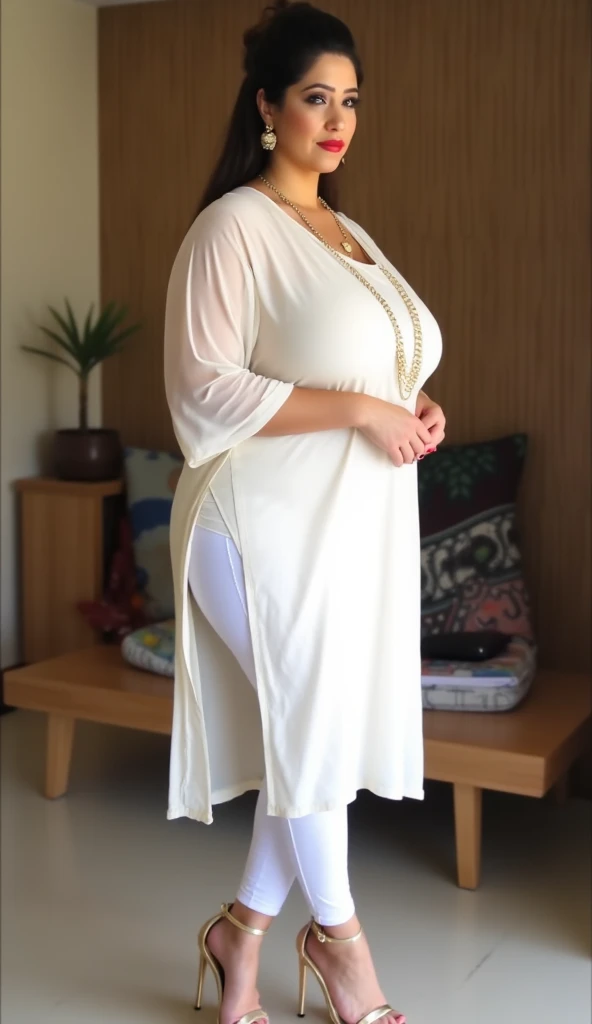 ((highest quality)), ((masterpiece)), (Familiar), Perfect Face, Mature Woman, 50 years old, Japanese,  return, (Cum in mouth), (Open your mouth), Big Breasts, Large areola, Erect nipples, Round and small face, Big Nose, length, Narrow eyes, Cat-like eyes, , Big Ass, Full body image, Tank top, thin fabric hot pants,good, Wavy short hair,