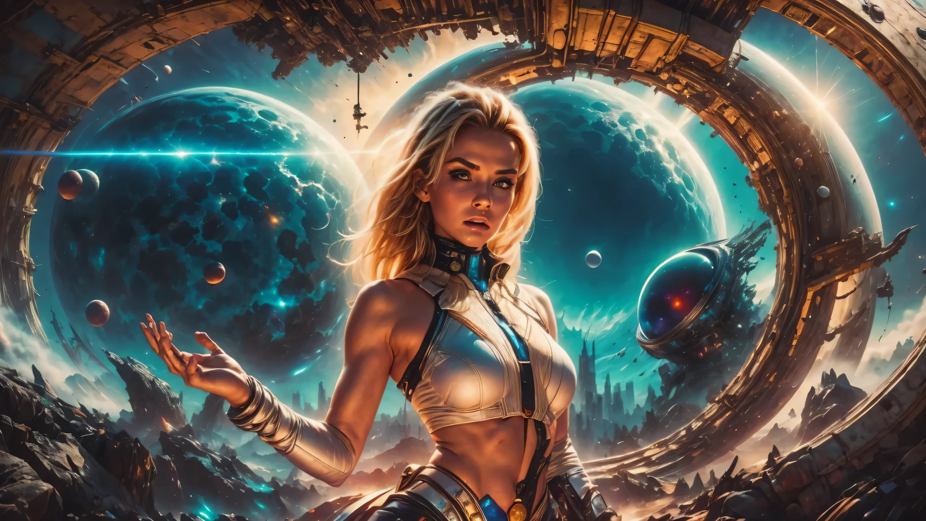 arafed image of a woman in a bikini standing in front of a giant robot, les edwards poster art, netfilx !n-9, terry moore, inspired by Konstantin Vasilyev, boardgamegeek, in intergalactic japan, mark brooks detailed, el dorado, dreamcast, pioneering aesthetic --auto --s2