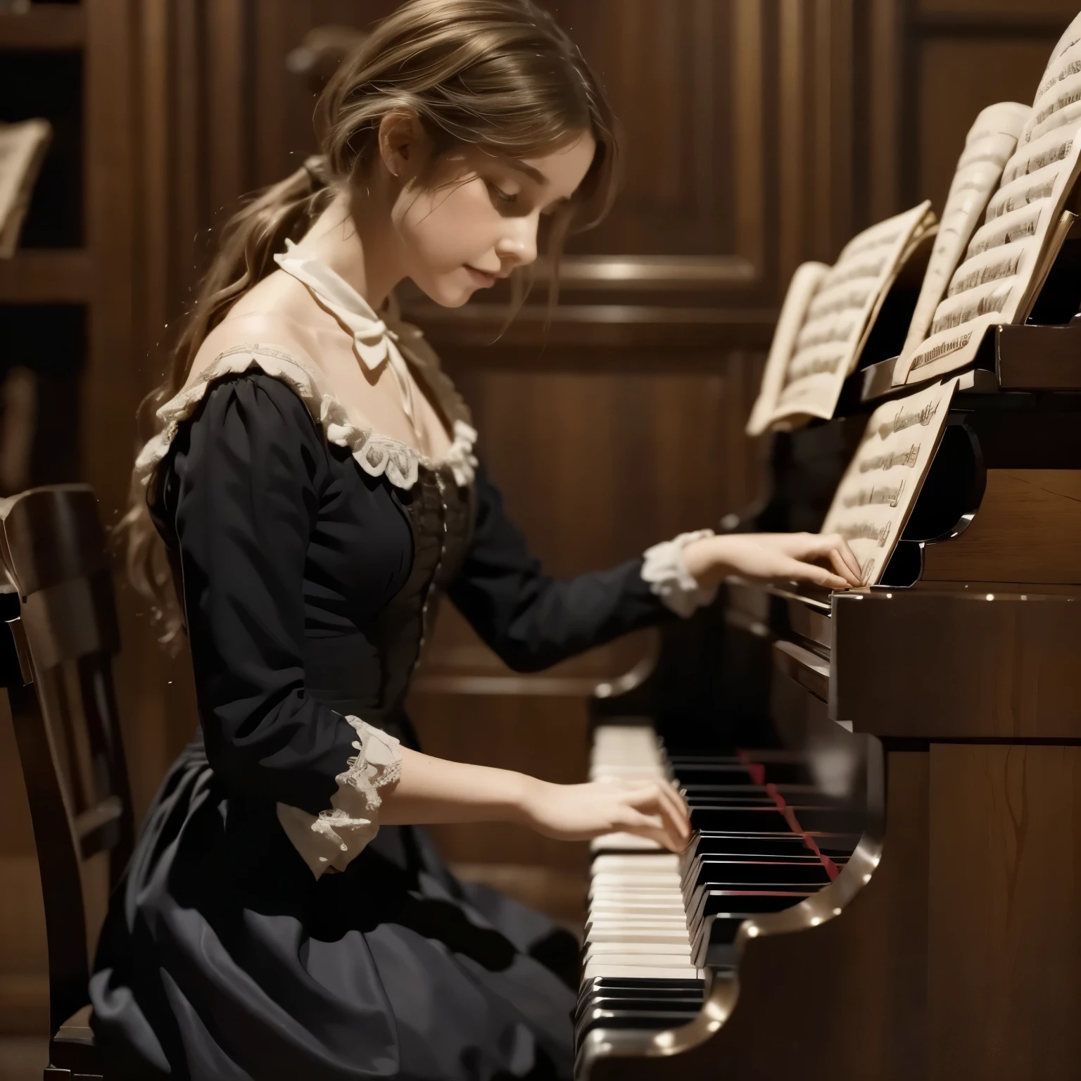 A girl play to piano the songs from the song by Franz Schubert, Page. 560: n. 7... concert 1828s