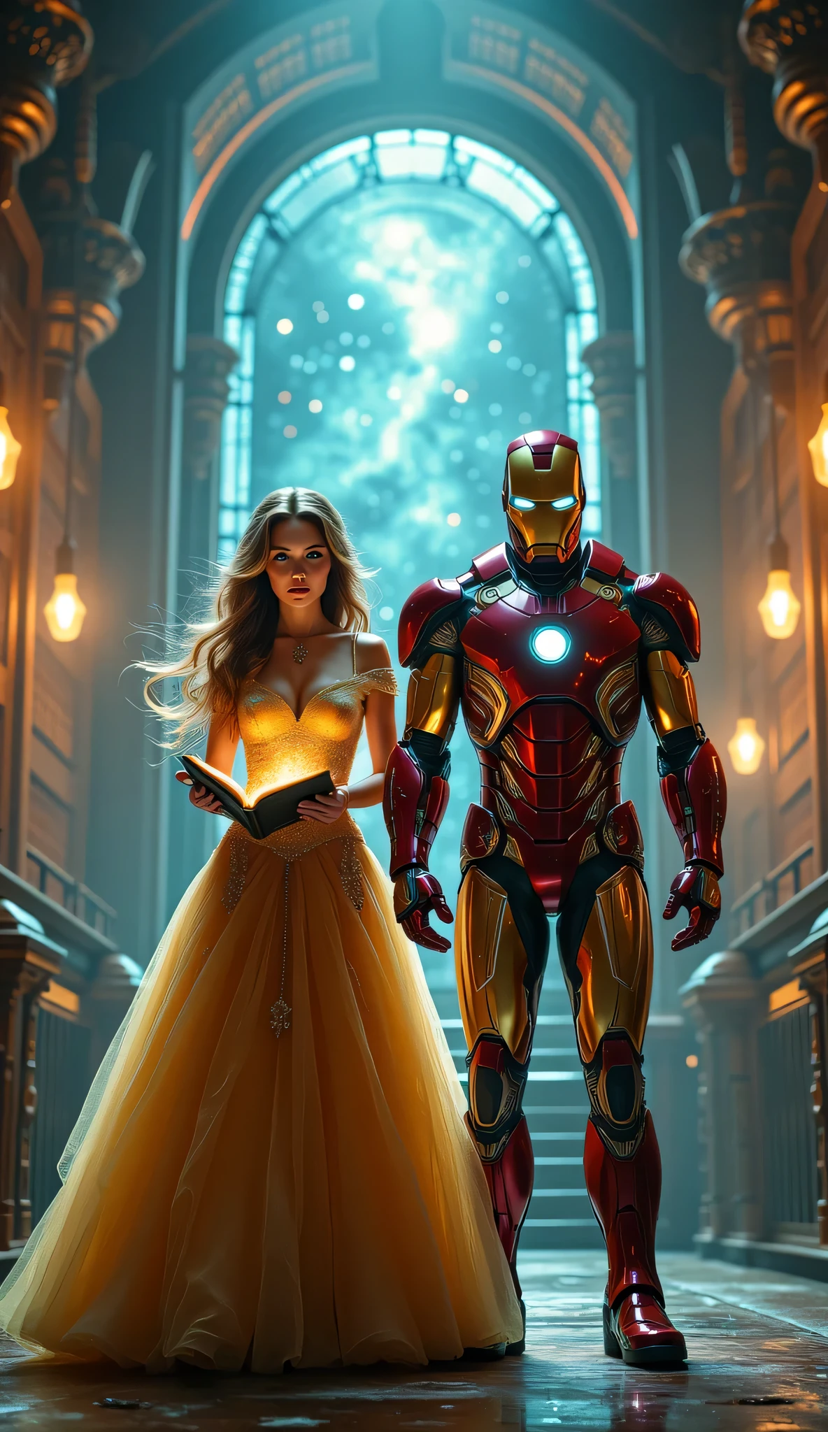 ((masterpiece)) ((photography)) ((Highest quality)) Steampunk illustration. Belle, the intelligent and book-loving princess, with flowing chestnut-brown hair, wearing a refined golden gown, holding an ancient, magical book that glows faintly with mystical energy. Beside her, Iron Man, clad in his iconic red and gold armor, stands confidently, his arc reactor pulsating with light as holographic schematics of advanced technology float around them. They are inside a grand, futuristic library filled with both ancient tomes and high-tech interfaces, with a large arched window revealing a breathtaking cosmic sky. The atmosphere is a fusion of knowledge and innovation, blending Belle’s love for books with Tony Stark’s genius inventions. with a golden glow illuminating the misty atmosphere.