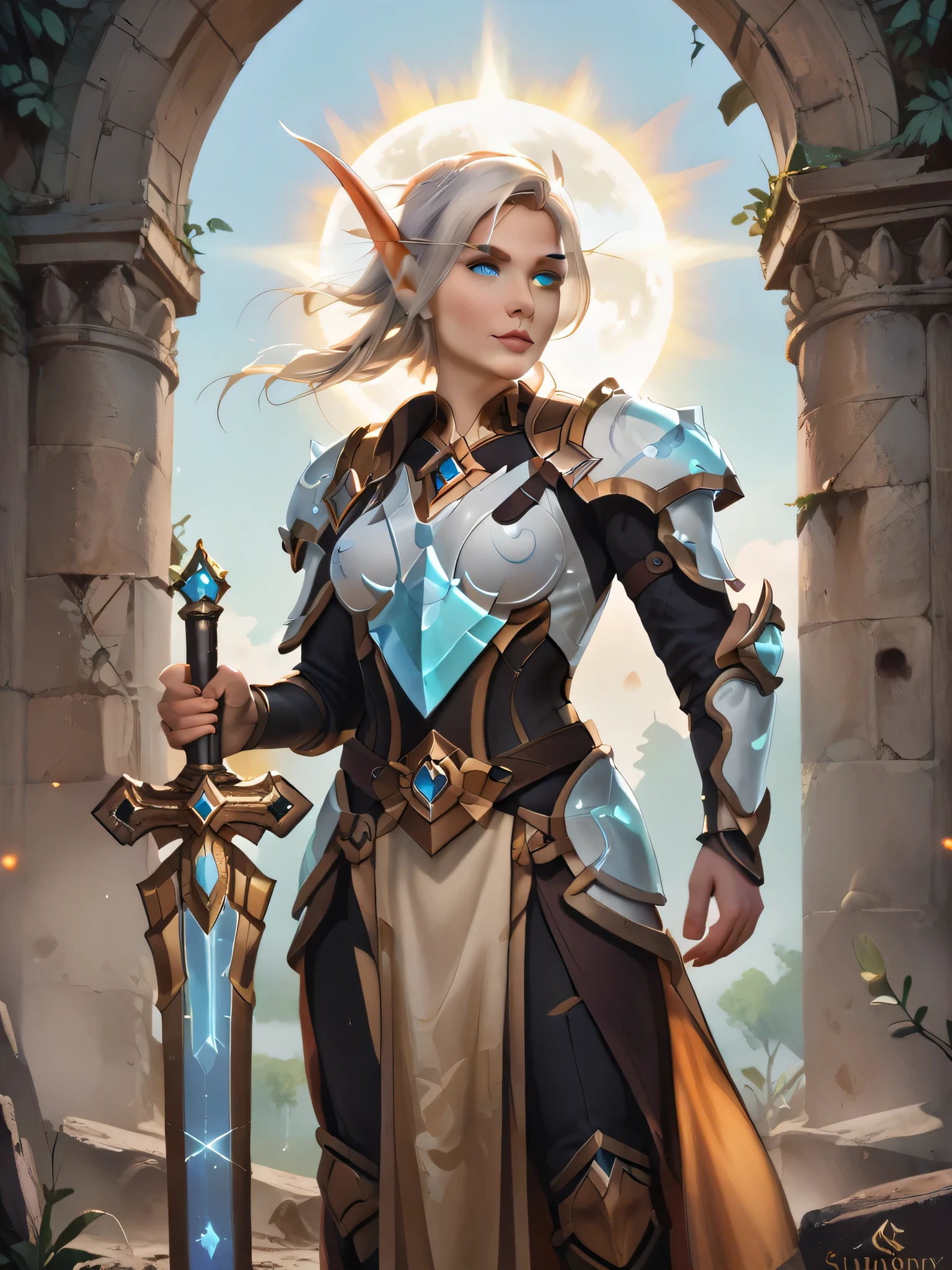 Epic fantasy artwork, digital painting, ultra-detailed.1 girl, blood elf Aelthara Sunforge, a high elf paladin, standing heroically in a sunlit battlefield. Platinum-blonde hair with faint golden highlights, icy blue eyes glowing with divine light. Wearing ornate silver and gold-plated armor inspired by Quel'Thalas' Sunforge craftsmanship, with glowing celestial runes along the edges. The armor combines elven elegance (flowing cloths under the metal) with paladin strength (heavy pauldrons and a breastplate shaped like a sunburst). Holding a massive two-handed sword with a blade made of solidified starlight, emitting a radiant golden aura. Shield on her back, ornate with a sun-and-moon emblem, glowing faintly. Standing on a battlefield with smoldering ruins in the background, ancient elven trees in the distance. Dynamic pose, one hand raised with a glowing Light-based spell erupting from her palm. Ethereal light particles swirling around her. Dramatic golden-hour lighting with warm hues reflecting on her armor. Style: Tyler Jacobson meets Gonzalo Ordonez, cinematic and hyper-detailed.