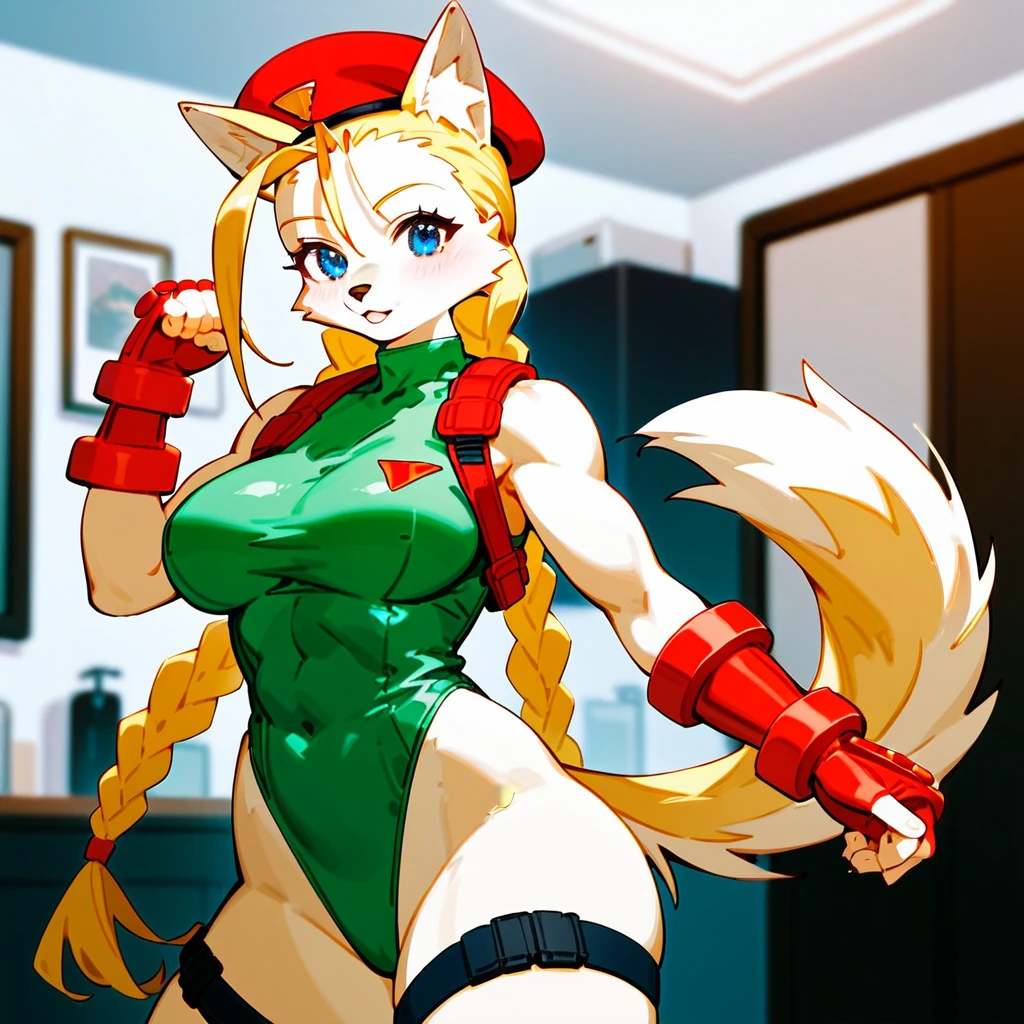 Solo, score_9,score_8_up,score_7_up, source_cartoon, source_furry, cammy street fighter, she is an Anthro furry wolf girl, furry wolf, blonde furry body, blue eyes, wolf snout, wolf ears. standing, indoors, wearing green leotard, seductive pose, bare foot, feet paws, 4 toes, hands on hips, one leg crossed, sexy pose 
