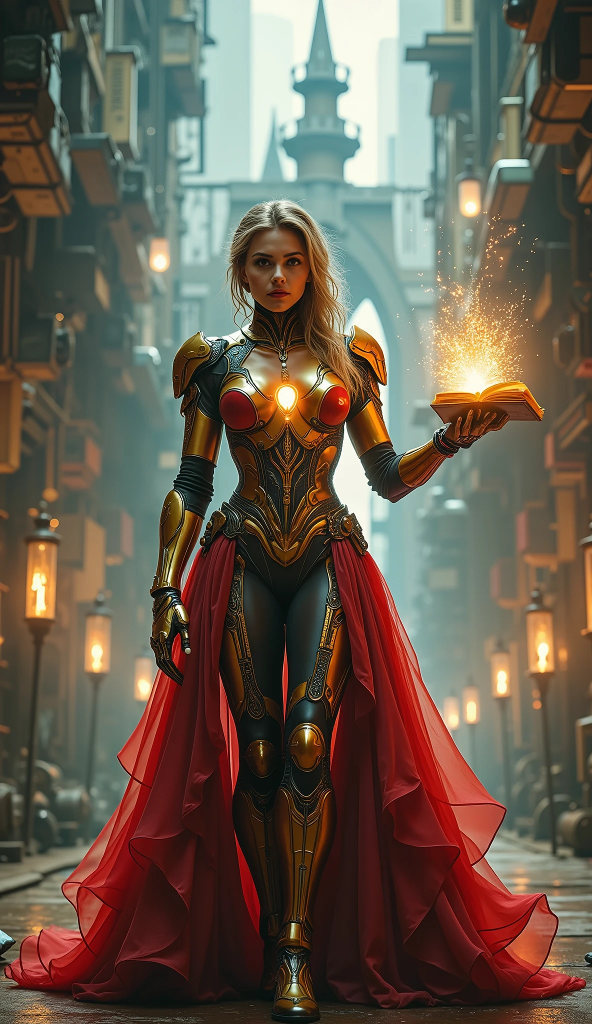 ((masterpiece)) ((photography)) ((Highest quality)) Steampunk illustration. A brilliant sorceress inspired by Disney’s Belle and Iron Man, standing in a futuristic magical workshop. She wears an elegant, armored golden and red wizarding gown, blending Tony Stark’s advanced technology with a regal, fairy-tale aesthetic. Her arc reactor glows at the center of her corset, powering both her magic and her enchanted suit. In one hand, she holds a radiant spell book floating in mid-air, in the other, a repulsor-infused wand, emitting shimmering golden energy. Behind her, enchanted gears, floating books, and levitating blueprints of magical inventions hover, while a high-tech castle, a fusion of Stark Tower and Hogwarts, looms in the background. The atmosphere is a perfect blend of intellect, magic, and innovation. with a golden glow illuminating the misty atmosphere.