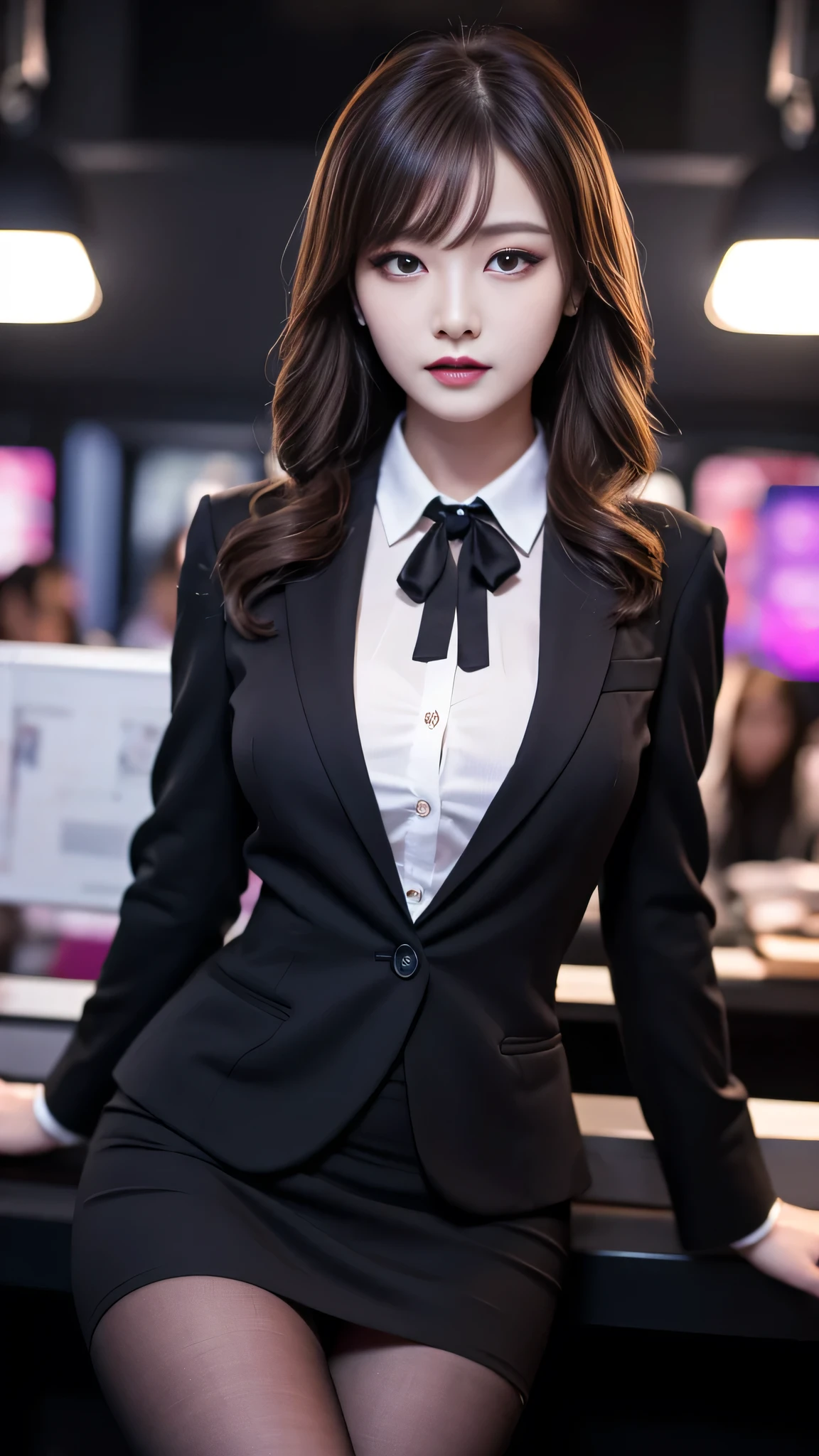 tra-detailed、Japanese、attractive beauty、seductive adult woman、pretty woman、piercing eyes、cool girl、wavy hair、swept bangs、suit、Jacket、blouse、ribbon、Tight Skirt、fishnet pantyhose、Glossy legs、Evil cadres、evil depravity、brainwash、mind control、lipstick、lip gloss、dark makeup、smirk、Evil expression、evil、hollow eyes,half-closed eyes、empty eyes、evil、night room、church at night、vampire、succubus、vampire、Swear allegiance、stand、
