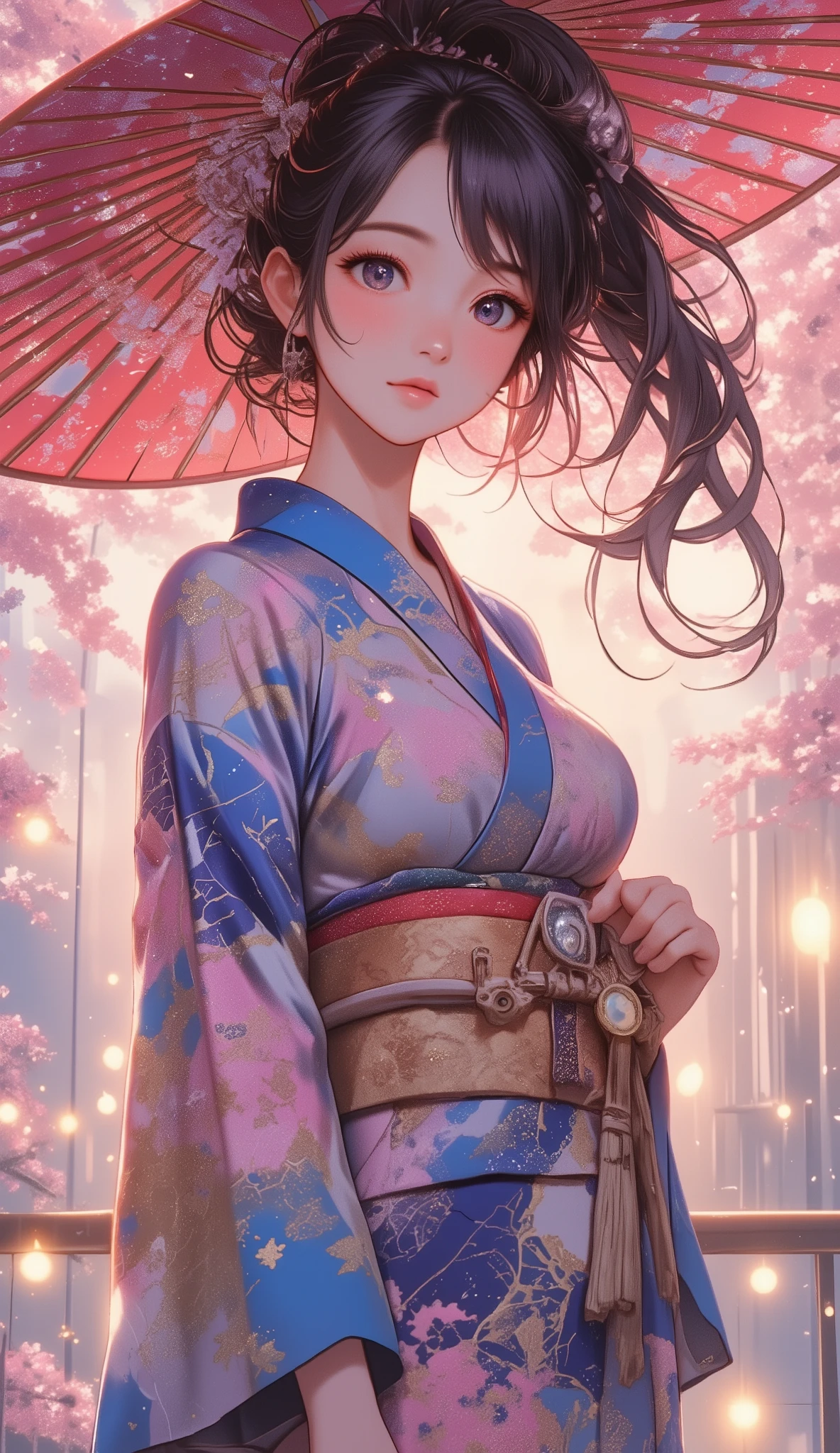 Woman holding a Japanese umbrella , Nishijin Textile Kimono  , Japanese painting style, beautiful anime style portrait, Extra ,  detailed portraits of anime girls  ,  Beautiful Anime Portrait ,  beautiful anime women , digital Animation illustration,  Anime Style Portrait  ,  Additional Art ,realistic, (Beautiful Anime Girl Showing Naked Skin, bib breasts, uplifted breasts, well-defined breasts, Busty、deep cleavage)、anime style digital art , Animation illustration, ponytail,  Navy Blue Kimono , Background is Sakura Fubuki 