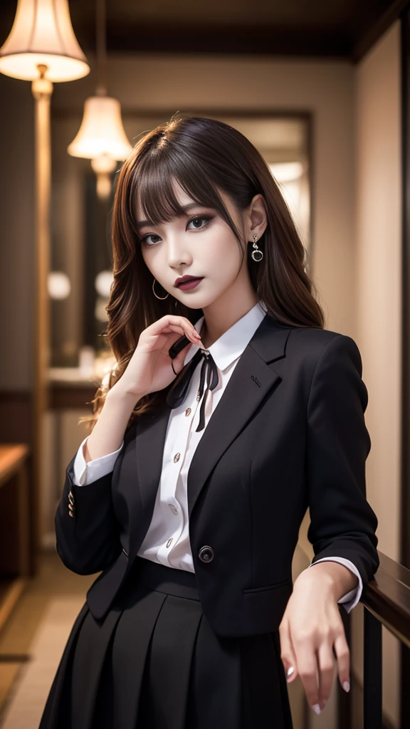 best quality、ultra-detailed、4k、Japanese、Seductive beauty、seductive adult woman、Pretty Woman、cool girl、Villainess、Brainwashed、brainwash、Fallen into evil、smirk、Evil look、Wicked Smile、evil、Brown hair、wavy hair、swept bangs、dark makeup、dark makeup、piercing eyes、hollow eyes,half-closed eyes、Hollow Eyes、purple Eyeshadow、black lipstick、black lipglos、office staff suit、suit、Jacket、Black sleeves、White Shirt、Black Ribbon、Tight Skirt、pantyhose、night、inside darkroom、Are standing、shoot from below、Have lipstick、Emblem of Evil、Crest of Darkness、Swear allegiance、I have pledged my allegiance、Dye black、Blackening、Stained with evil、Dyed in darkness、Seduce