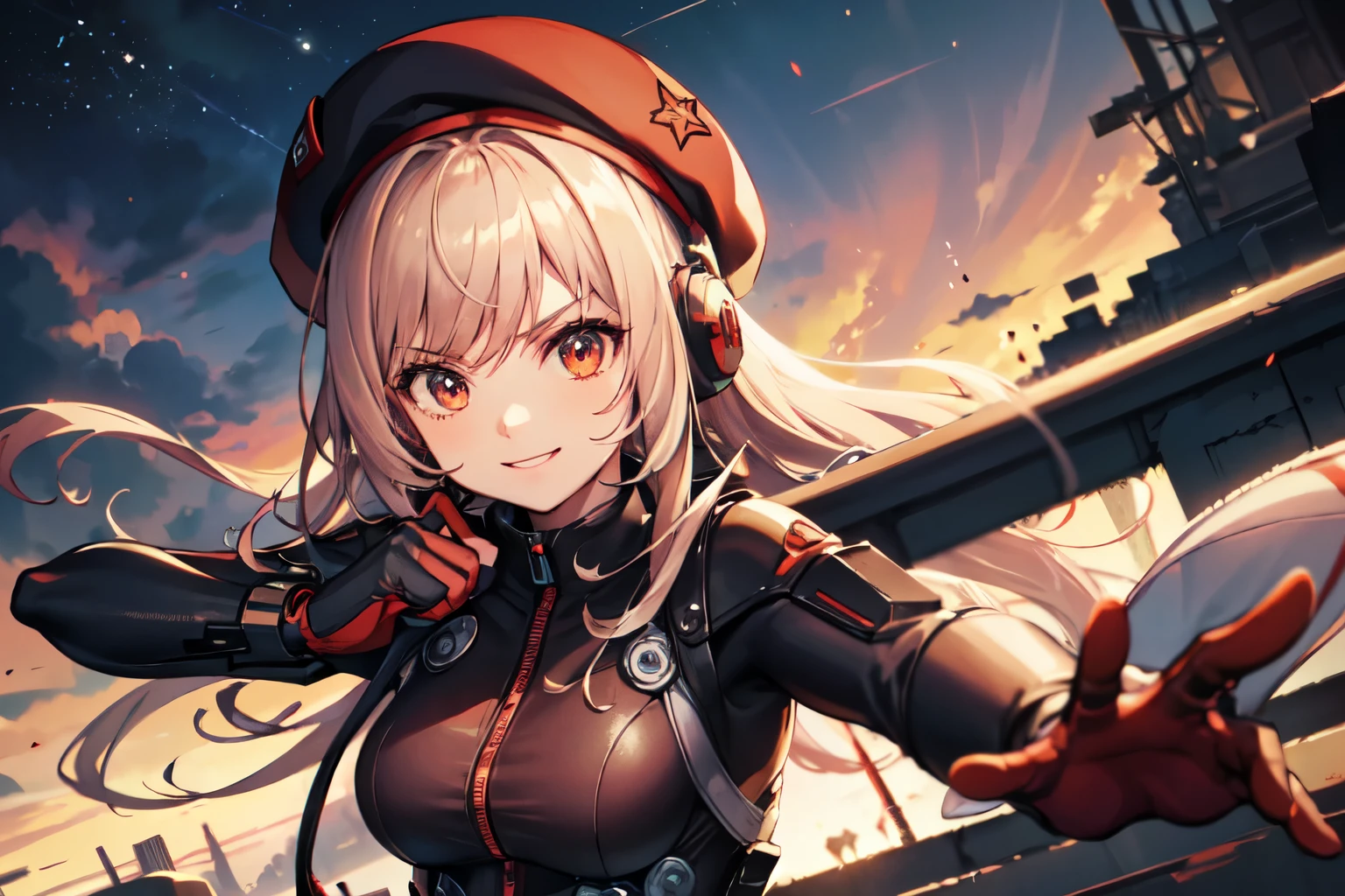 (Complete body, Rapi, best quality) score_9, score_8_up, score_7_up, source _anime BREAK 1girl, solo, beret, headphones, long, serious, smile, red and black bodysuit, long red gloves, long red boots, belt, punch pose, ciber sky, cybernetic space, Ruins, science fiction.
