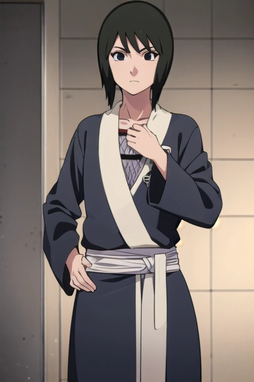 anime screencap, forest,path,
1girl, solo, , short hair, black hair, purple eyes, japanese clothes, smile, looking at viewer, black kimono, hair between eyes, cowboy shot, wide sleeves, facing viewer, black hakama,white_sash, undressing, navel, hand on own stomach, looking down, blush,