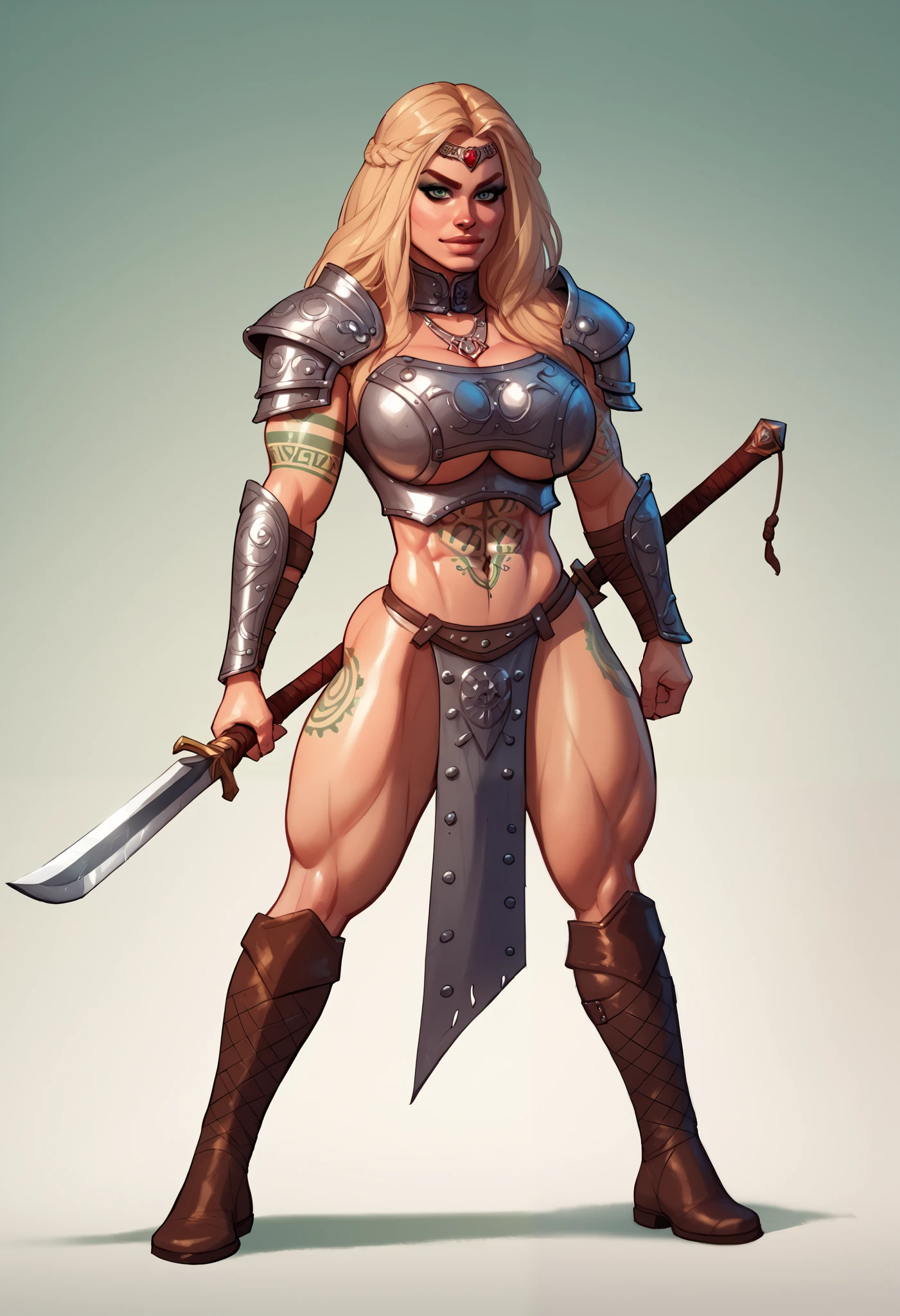 mujer woman long hair green stocky muscle muscular nude desnuda naked sword big boobs babydoll