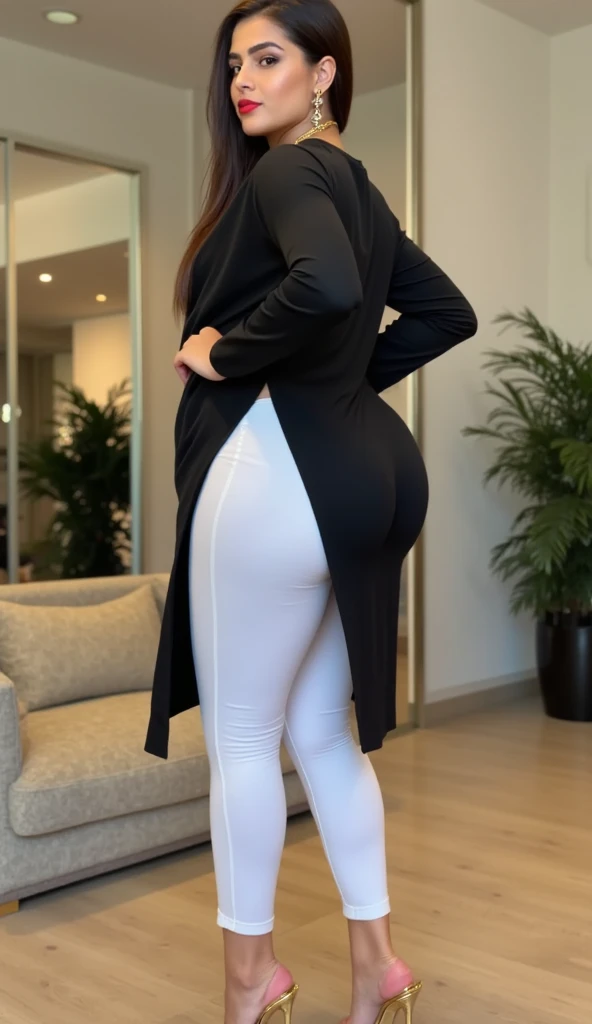 A young man having long legs, thick thighs, large wide hips, thin and narrow weist, big large feminine breasts, , leggings and formal shirt ,on beach , very small ?????? boyish haircut, man man , ????? bulge , man, ????? enlargement