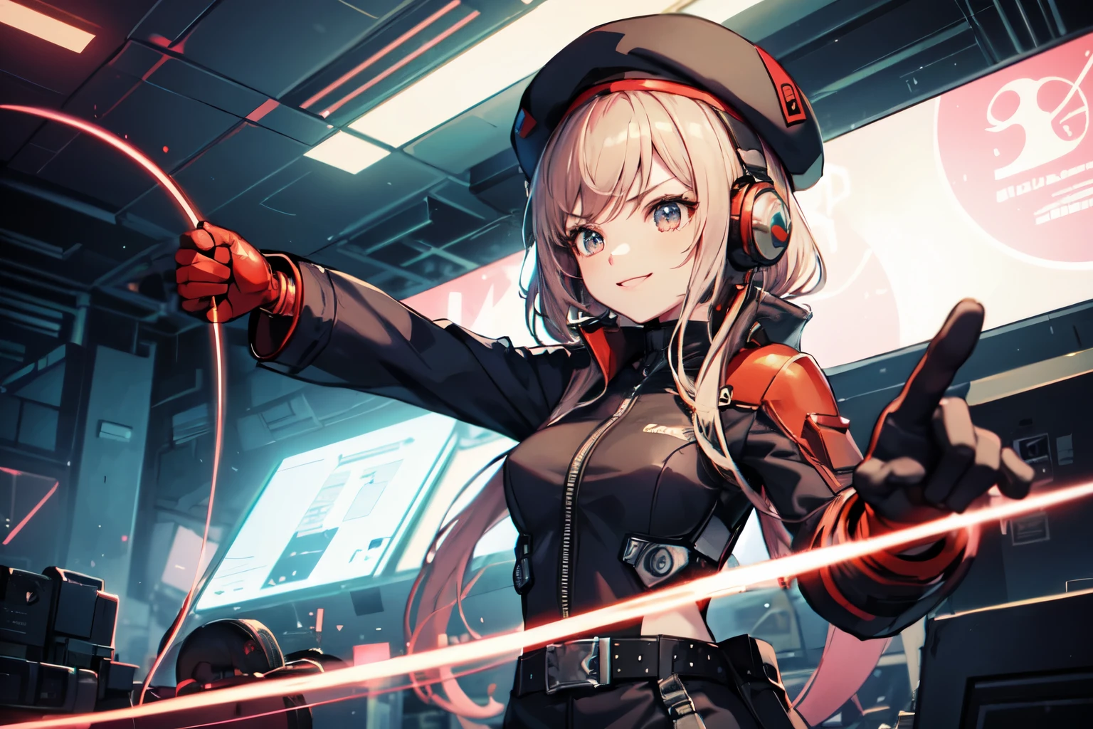 (Complete body, Rapi, best quality) score_9, score_8_up, score_7_up, source _anime BREAK 1girl, solo, beret, headphones, long, serious, smile, red and black bodysuit, long red gloves, long red boots, belt, punch pose, ciber sky, cybernetic space, Ruins, science fiction.