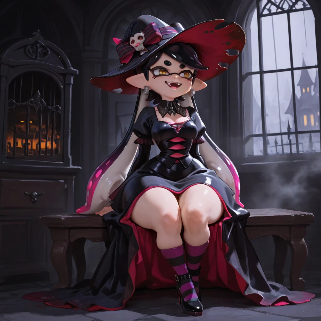 rating_safe, score_8_up, score_7_up, score_6_up, uncensored, wet skin, small breasts, pale skin, cute perfect face, thin body, kid-like proportions, large head with big eyes, tiny limbs, (((witch-hat, short black messy hair))), tiny prepubescent innocent helpless young little witch-babygirl kneeling inside huge chalk-drawn pentagram, ((abnormally huge demon-horse standing before kneeling girl)), ((absurdely huge red monster-dick resting on cowering girl's forehead)), ((precum dripping from flared dick down onto girl's forehead)), ((shocked blushed face)), (((monstrous feral red demon))), ((cute feet)), (witchy nylon stockings), gothic witch-minidress, nylon sleeves, magic necklace, big amazing purple eyes, ((scared and shocked expression)), breathless gasp, scared of dick in front of her, detailed background, inside dark witch castle background, ((occult chalk lines on stone floor)), low light, (tiny prepubescent child), ((absurdely giant red demonic dick)), (side view), (side perspective), slightly parted legs, lit candles