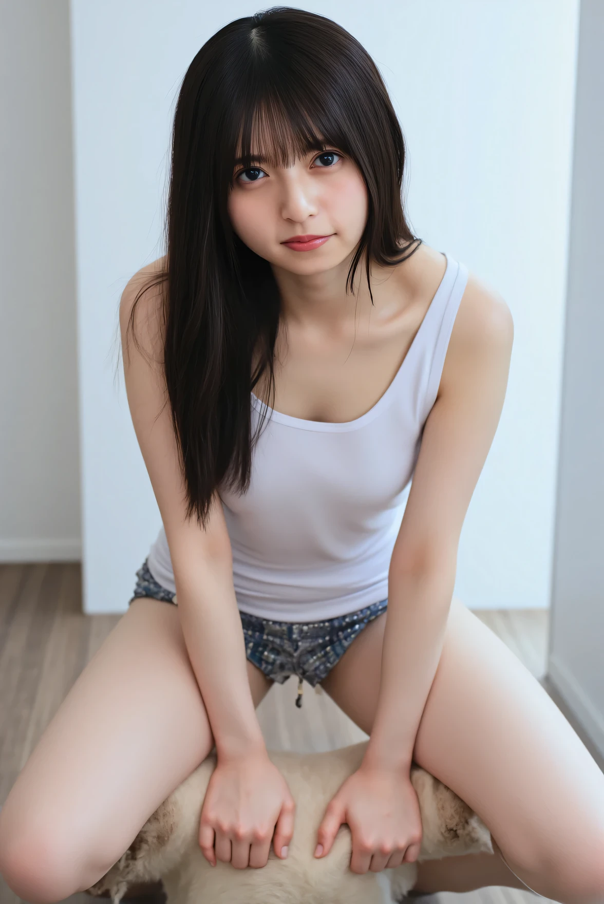 ((( High Resolution , top quality, very well detailed, masterpiece , highly detailed photos , realistic , Real people , Ultra precise skin ))) , , ( from the front ) , full body , Advance Shot , Viewer , ( giggle face ) , { wearing the sleeveless T-shirt and mini-skirt : 1.8 } , black hair , medium hair , medium breasts , { focus on the pubic area between the legs : 1.8 } , the dark hours of dawn , (( tuck hair behind the ear : 1.8)) , { nsfw , open legs ,squatting } ,