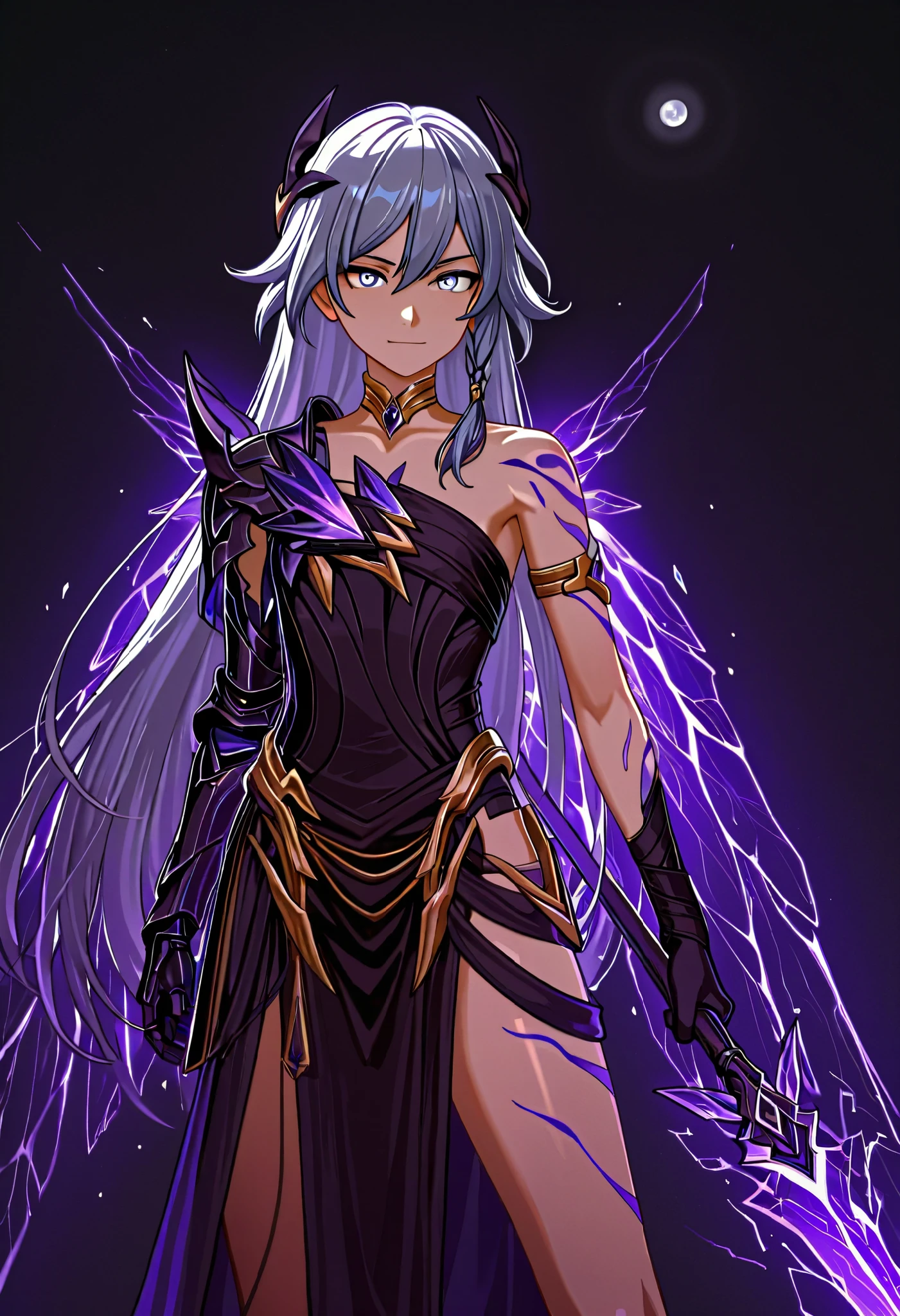 (moving, female focus, dynamic shot, wielding cosmic spear, solo:1.01), anime illustration, anime, adult, glowing aura, glowing body, photorealistic background and lighting, 4k, ultra detailed, impasto, extremely detailed, detailed background, dramatic shot, cinematic, volumetric lighting, (dynamic pose, woman, girl, young adult, 1girl:1.08), (FuHua, Fol005, Fh_Hos, fu hua:0.97), asymmetrical armor, crystal armor, crystalline hair ,white hair, braided hair, gray eyes, glowing eyes, aura trails coming from her eyes, very long hair, seraphim angel, aura wings, thunder wings, deadly aura, killing intent, disgusted expression, looking at viewer, flat chest, dark armor, light armor, magical spear, cosmic weapons, ancient greek clothes, armlet, golden choker, greco-roman clothes, glowing purple tattoos, field of cosmic swords, flying cosmic swords, smirk, glare, kevlar technology, (broken moon, shattered moon, cracked moon:1.03), tsurime, crazy laugh, Olympean motifs + Greek influences + Fallen angel