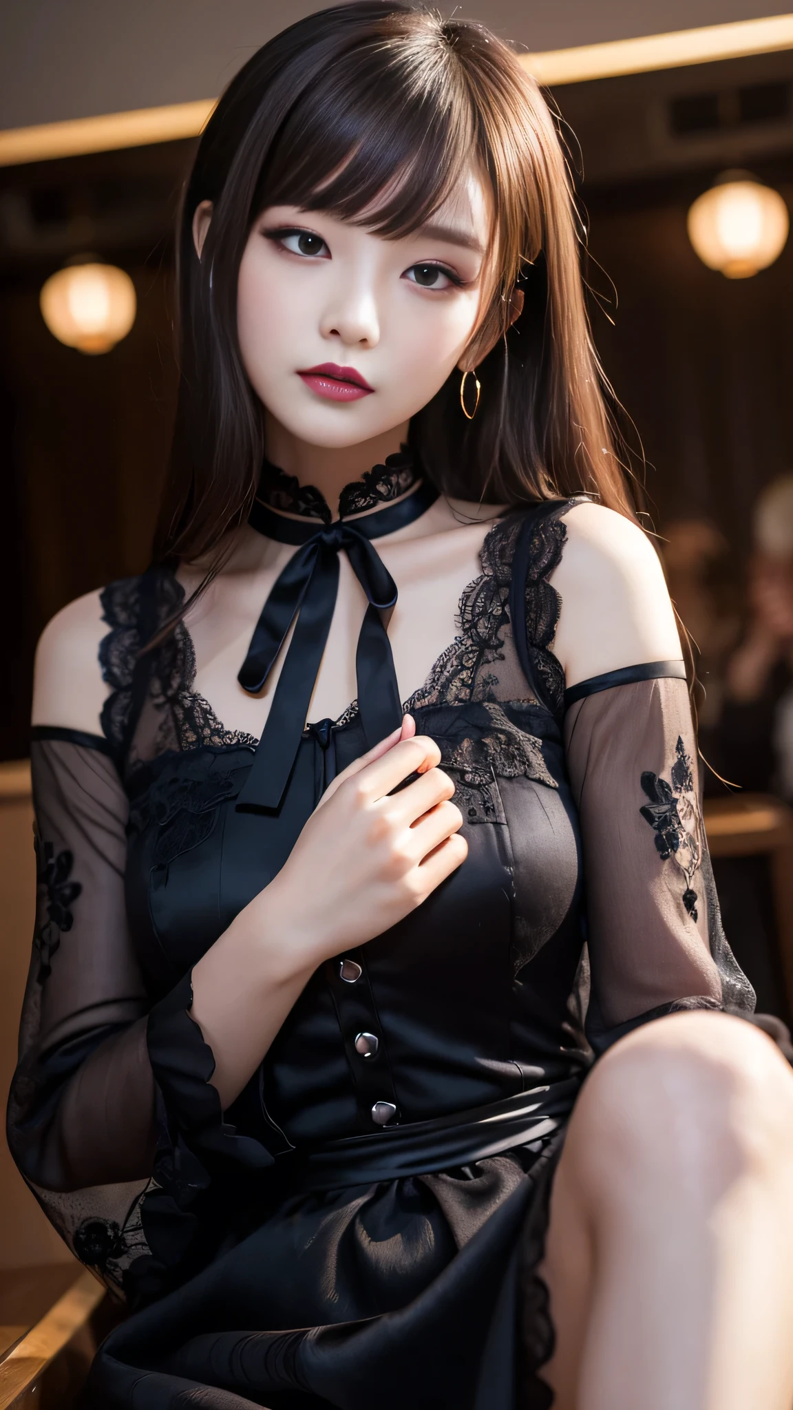LTRA Details、Fascinating beauty、Dainty woman、Cool Girl、Wavy Hair、Black chiffon dress、Wide sleeves、flered skirt、Black pantyhose、Evil Female Executive、Evil Fall、brainwash、lacy fabric、Glossy legs、black lipstick、Evil look、Suspicious look、Hollow eyes、wicked、Reaching out、Arms up、In the Church、Palm forward、Purple Lipstick、Pendants、playing piano