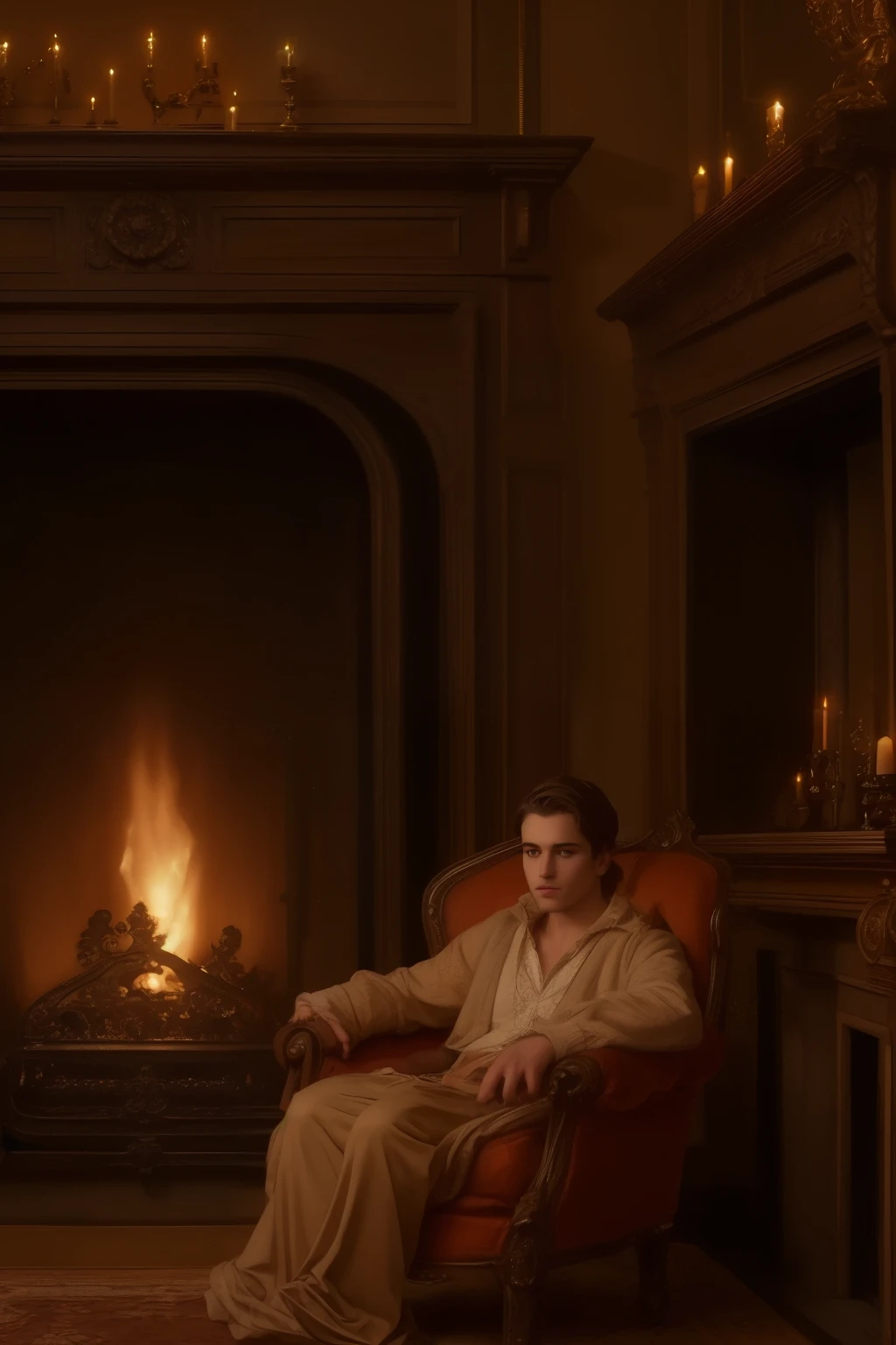 one boy in a warm, golden light illuminates a cozy parlour setting in the victorian era, one young man, sitting in a plush armchair by the fireplace, his face softly lit, gazing thoughtfully into the flickering flames, detailed facial features, delicate expression, relaxed posture, 4k, ultra-detailed, photorealistic, professional lighting, ornate victorian interior, chiaroscuro lighting, antique furniture, ornate fireplace mantel, lush draperies, rich textures, warm color palette, moody atmosphere