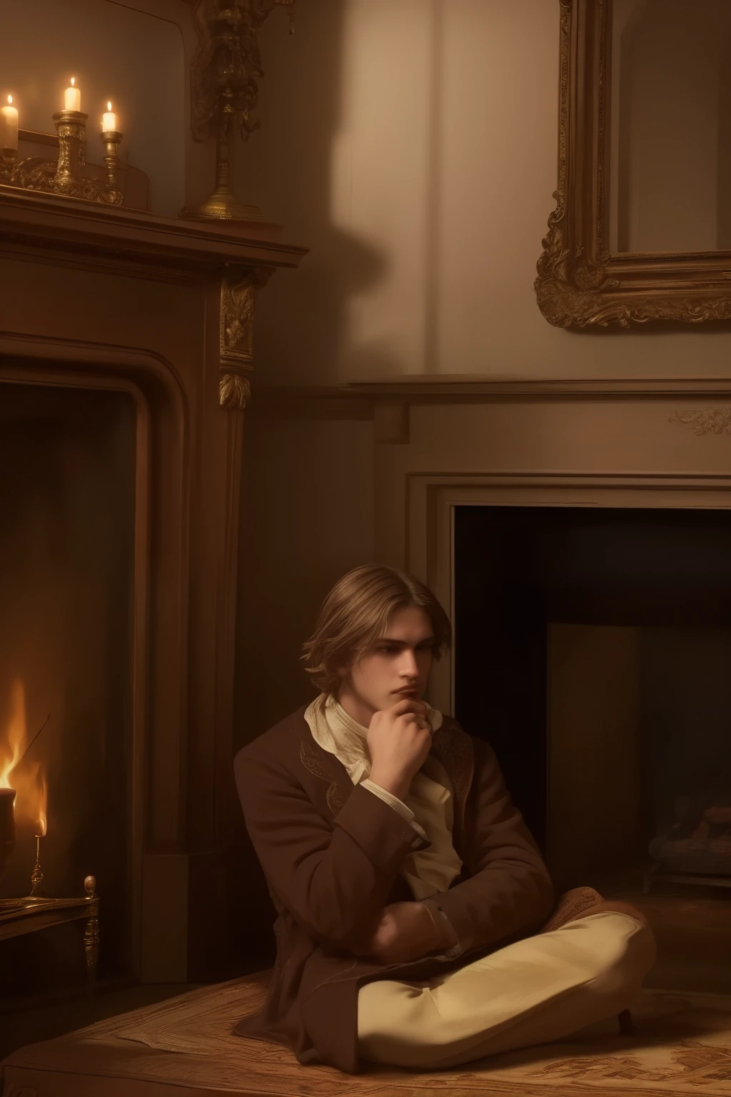 one boy in a warm, golden light illuminates a cozy parlour setting in the victorian era, one young man, sitting in a plush armchair by the fireplace, his face softly lit, gazing thoughtfully into the flickering flames, detailed facial features, delicate expression, relaxed posture, 4k, ultra-detailed, photorealistic, professional lighting, ornate victorian interior, chiaroscuro lighting, antique furniture, ornate fireplace mantel, lush draperies, rich textures, warm color palette, moody atmosphere