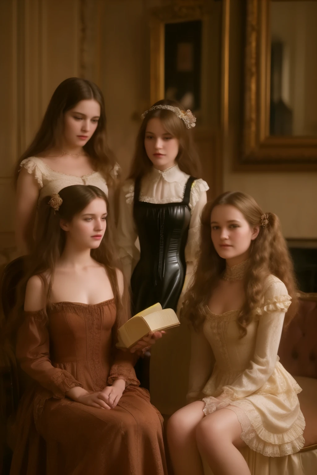 A warm, golden light illuminates a cozy parlour setting in the Victorian era. Three normal young girls, dressed in frilly, high-necked gowns and puffed sleeves, sit together on a plush armchair. The eldest, with curly brown locks, holds a worn leather-bound book, while her companions, sporting matching blonde ringlets, gaze up at her with admiration. The backdrop is a rich, dark wood paneling, adorned with ornate mirrors and intricately carved furniture. Soft, gentle shadows dance across the scene as the girls' laughter and whispers fill the air.
