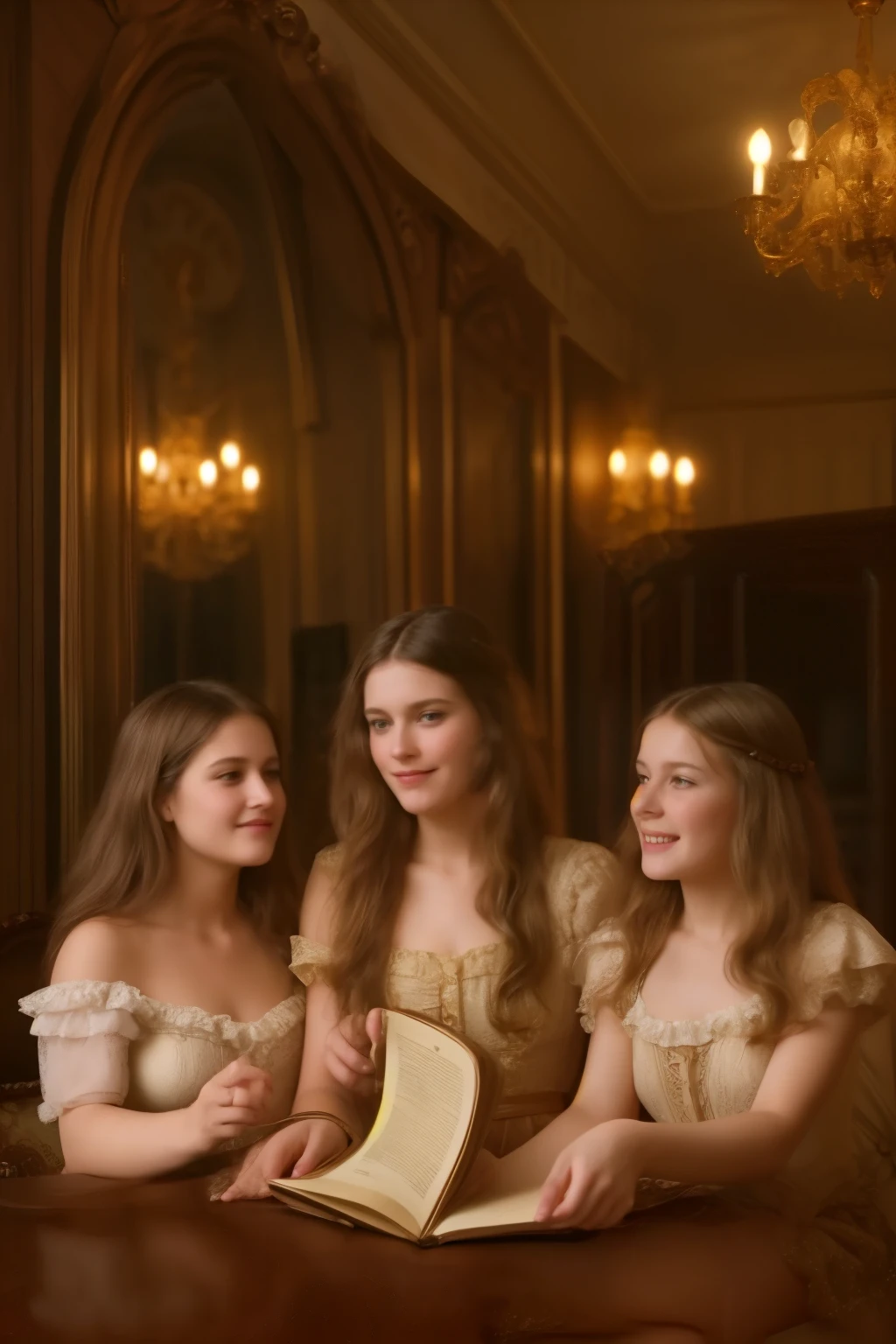 A warm, golden light illuminates a cozy parlour setting in the Victorian era. Three normal young girls, dressed in frilly, high-necked gowns and puffed sleeves, sit together on a plush armchair. The eldest, with curly brown locks, holds a worn leather-bound book, while her companions, sporting matching blonde ringlets, gaze up at her with admiration. The backdrop is a rich, dark wood paneling, adorned with ornate mirrors and intricately carved furniture. Soft, gentle shadows dance across the scene as the girls' laughter and whispers fill the air.