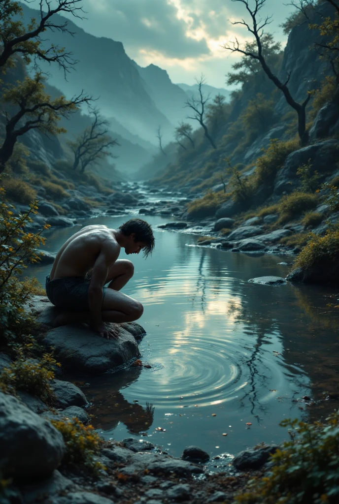 A man with short curly hair, fit and with muscle, sitting by a river at night in a dark, natural setting. Twinkling lights surround them, reflecting off the water, creating a serene and magical atmosphere.