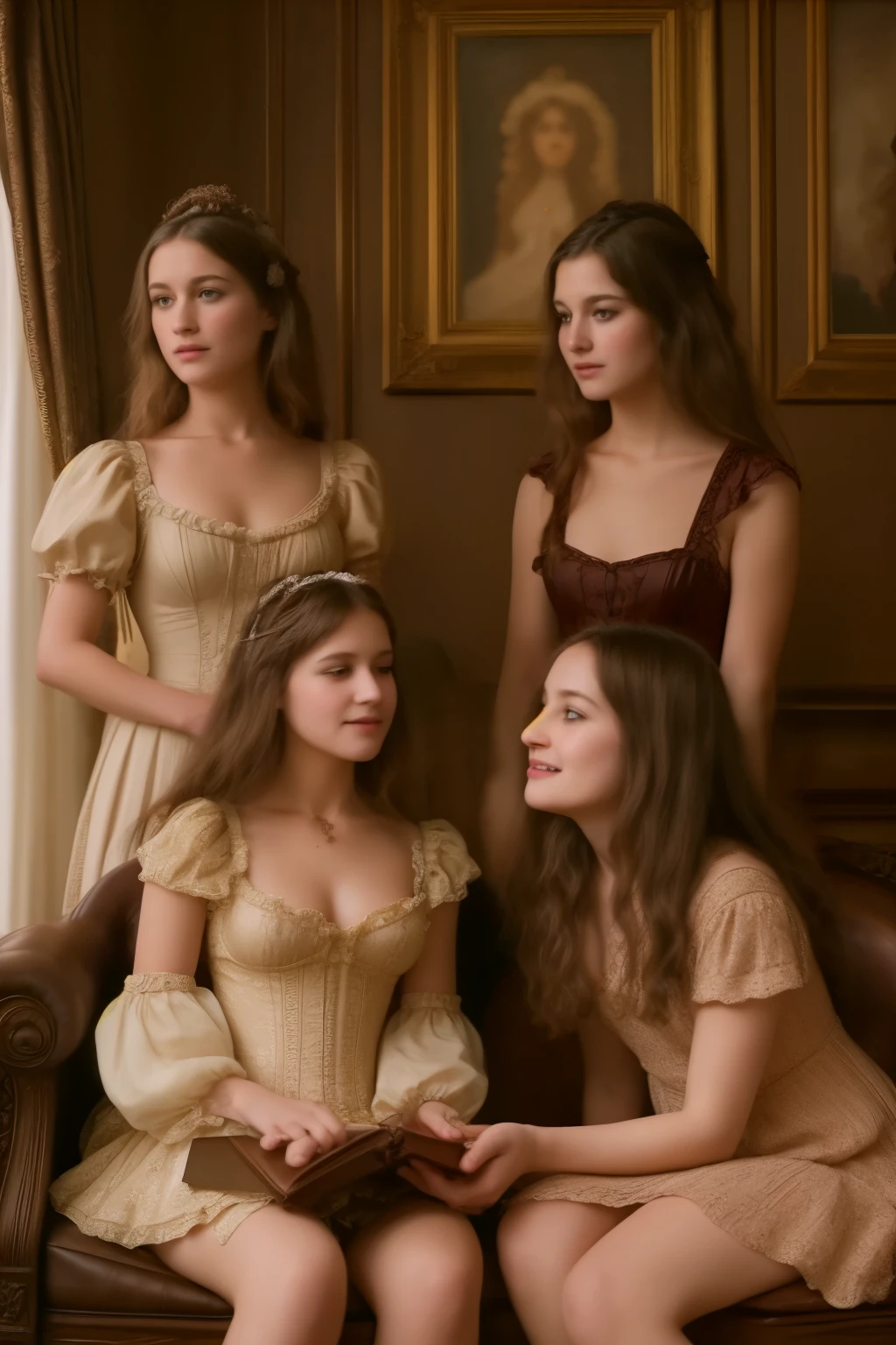 A warm, golden light illuminates a cozy parlour setting in the Victorian era. Three normal young girls, dressed in frilly, high-necked gowns and puffed sleeves, sit together on a plush armchair. The eldest, with curly brown locks, holds a worn leather-bound book, while her companions, sporting matching blonde ringlets, gaze up at her with admiration. The backdrop is a rich, dark wood paneling, adorned with ornate mirrors and intricately carved furniture. Soft, gentle shadows dance across the scene as the girls' laughter and whispers fill the air.