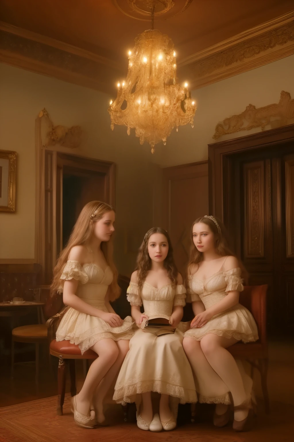 A warm, golden light illuminates a cozy parlour setting in the Victorian era. Three normal young girls, dressed in frilly, high-necked gowns and puffed sleeves, sit together on a plush armchair. The eldest, with curly brown locks, holds a worn leather-bound book, while her companions, sporting matching blonde ringlets, gaze up at her with admiration. The backdrop is a rich, dark wood paneling, adorned with ornate mirrors and intricately carved furniture. Soft, gentle shadows dance across the scene as the girls' laughter and whispers fill the air.