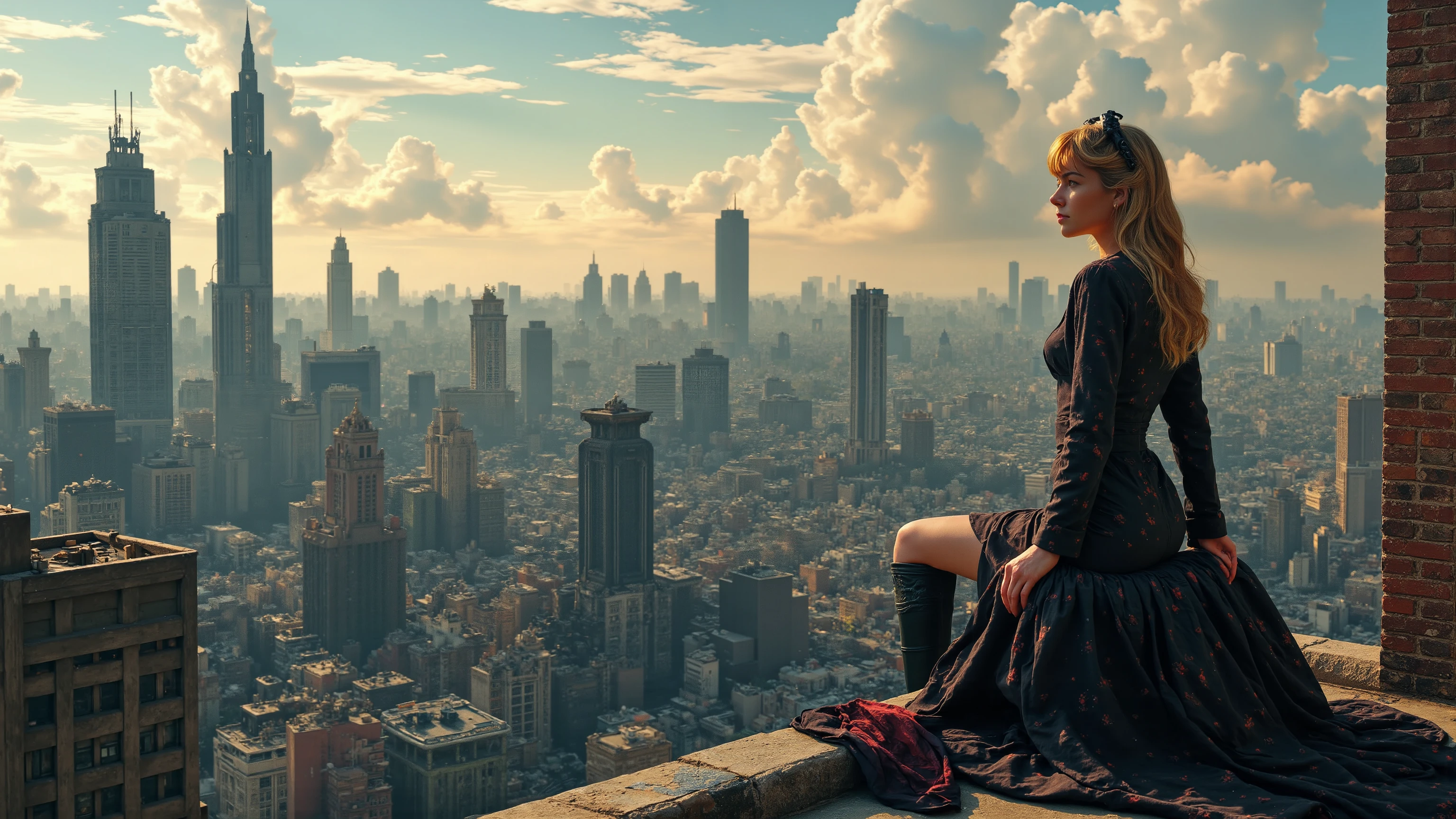 ray tracing, UHD, 16K, masterpiece, award-winning.

An image from a poems and illustrations book, opened  in the page with the poem entitled "The Empress and the Pawn", depicted bellow:

The sun rises, I stand on a rooftop high,
The skyline beneath me, my kingdom in the sky,
I’ve dreamed of you again, you’re my prey,
I will get you, no matter where you stray.

I faced the hard guys, the rude boys,
but you, the soft one, are my only challenge.
I’m still searching, your scent in the air,
no matter where you go, 'll be always there.

I am an Empress, a lioness, a huntress,
I see you and my huntress heart ignites,
A lioness prowling moonlight nights,
Empress and pawn, the game begins.

The city awakens, the metropolis hums,
You're just one among millions,
But no matter how deep you hide,
I will find you, always!

The eternal game, Mistress and Slave,
I play it with passion, though I know the end,
It’s a dance of fire and fate,
And it’s always burning hot!

Our bond is written in the stars, unseen but true,
That’s why your trail always leads me to you.
But today you slip like a shadow in the haze,
The sun sinks low, I search through the maze.

At the end of the day, I found you at last,
The hunt starts anew, the die is cast!
No more hiding, no more flight,
At dawn, we’ll dance in hunter’s delight!

Now I have you again, the game is on fire,
It lifts me higher and gets you down again. 
You will kiss my sneakers once more,
You already know how the dirt beneath them smells!