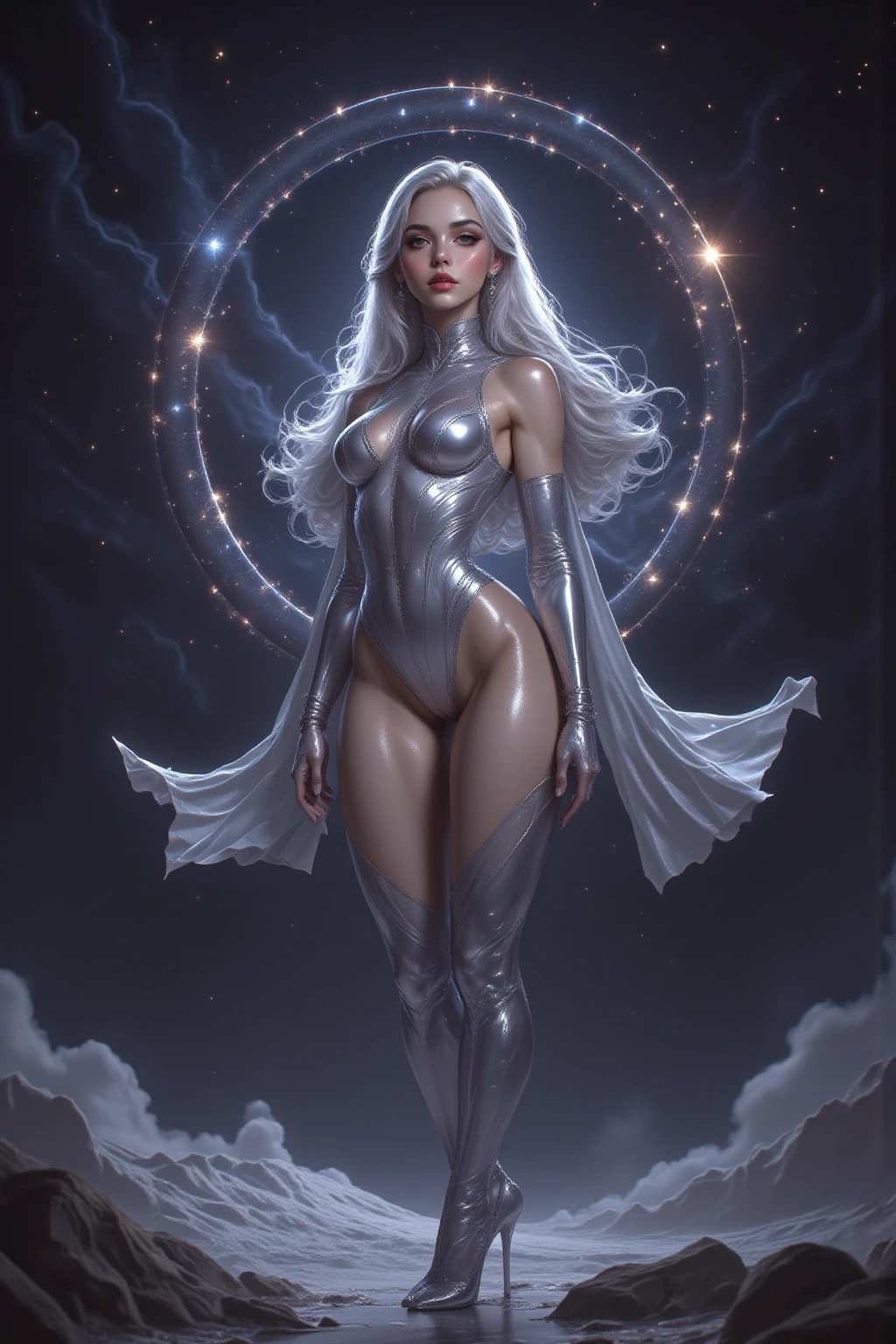 21 years old Nordic woman, ((full body)), ((nude)), heavily armored in white color for fighting, beautiful chest, walking in the room of the space ship with her legs spread apart, from front below