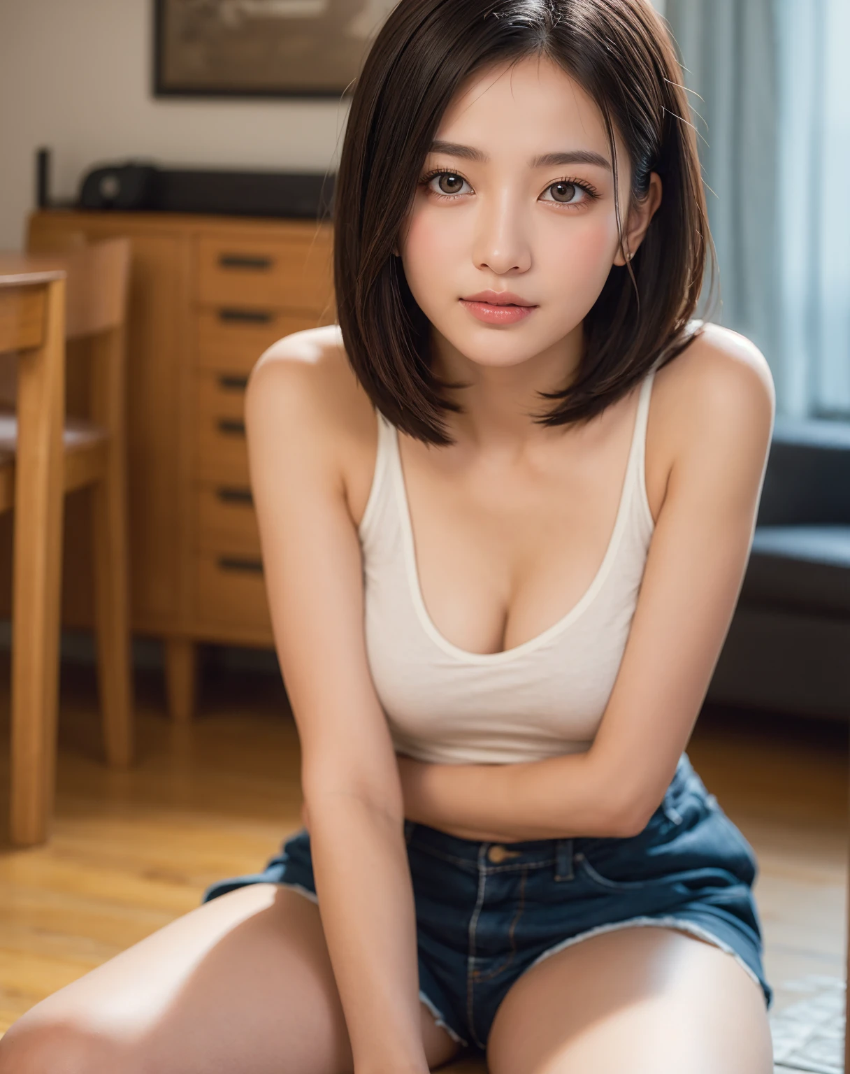 bestquality,detailed,absurdres,1 pretty japanese girl,solo,(large breasts:1.3),

((white tank top,shorts)),((thigh focus:1.5)),Tempting smile,livingroom,

super detail,high details,high quality,ultra high resolution,(realistic:1.4),RAW photo,cinematic lighting,soft light,8K,(realistic textured skin),(natural color lips),(delicate bangs),beautiful hairstyle,(a beauty girl,delicate girl:1.3),very fine eye definition,Film grain,Digital SLR,(eye and facial details:1.0),((idol face,extremely cute face like a most popular Japanese idol)),japanese young gravure idol,pretty face,