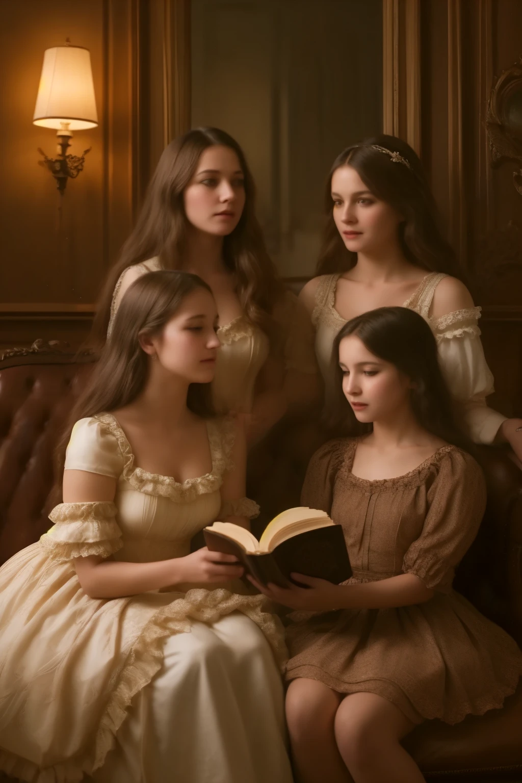 A warm, golden light illuminates a cozy parlour setting in the Victorian era. Three normal young girls, dressed in frilly, high-necked gowns and puffed sleeves, sit together on a plush armchair. The eldest, with curly brown locks, holds a worn leather-bound book, while her companions, sporting matching blonde ringlets, gaze up at her with admiration. The backdrop is a rich, dark wood paneling, adorned with ornate mirrors and intricately carved furniture. Soft, gentle shadows dance across the scene as the girls' laughter and whispers fill the air.