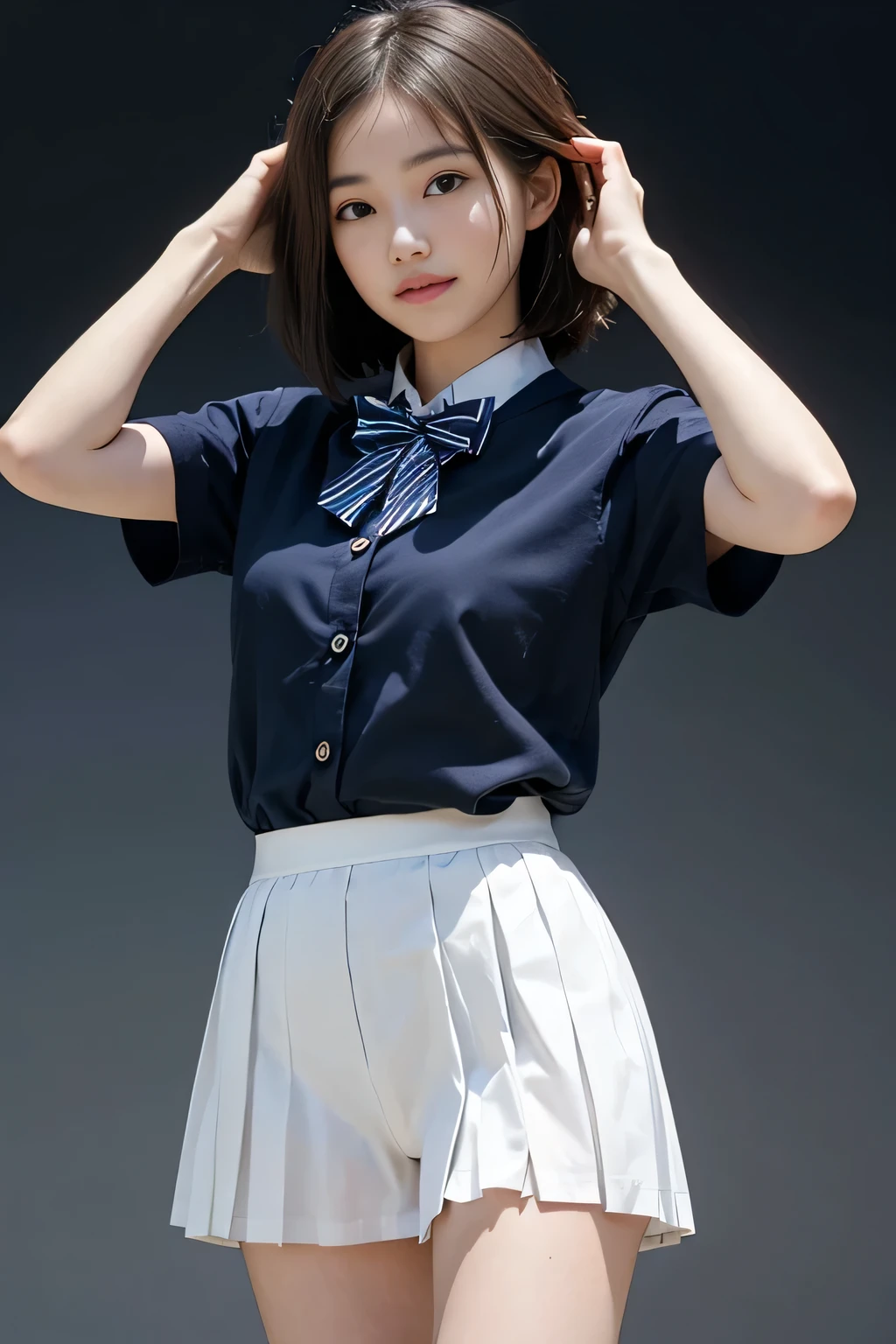 Top image quality、超A high resolution、masutepiece、Photoquality(photographrealistic:1.8)、Delicate skin texture、accuracy、Japan women、17 age、Girl Smile、A dark-haired、Cute dimples、Non-makeup、Medium straight hair、Boyish girl、I am an honors student、Slender girl、Smaller chest、Flat-breasted、Look straight at me、hi-school girl、White short sleeve blouse、White shirt with collar、Dark blue blazer、Japanese high school girl、校服、Red and blue striped ribbon ties、Dark blue box pleated skirt、Has a skirt hem、 school hallway、by the window、Facing the front、It's raining outside、evening shower、reflective light、